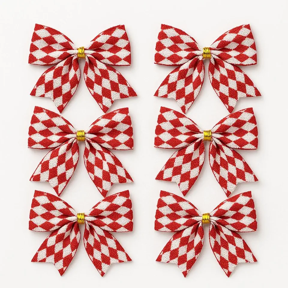 Kit com 6 Laços Decorativos Quadriculado Vermelho e Branco 10x10 cm para Decoração Natalina Premium