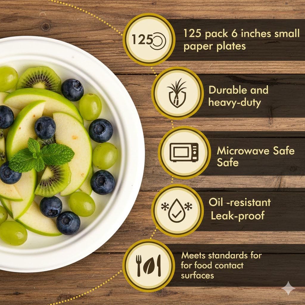 125 Pack 6 inch Paper Plates, Heavy-Duty Disposable Paper Plates 100% Compostable - Biodegradable Bagasse Dessert Plates Bulk for Party, Wedding, Snacks (Natural)​ (6 Inch 125 Pack White) image 2
