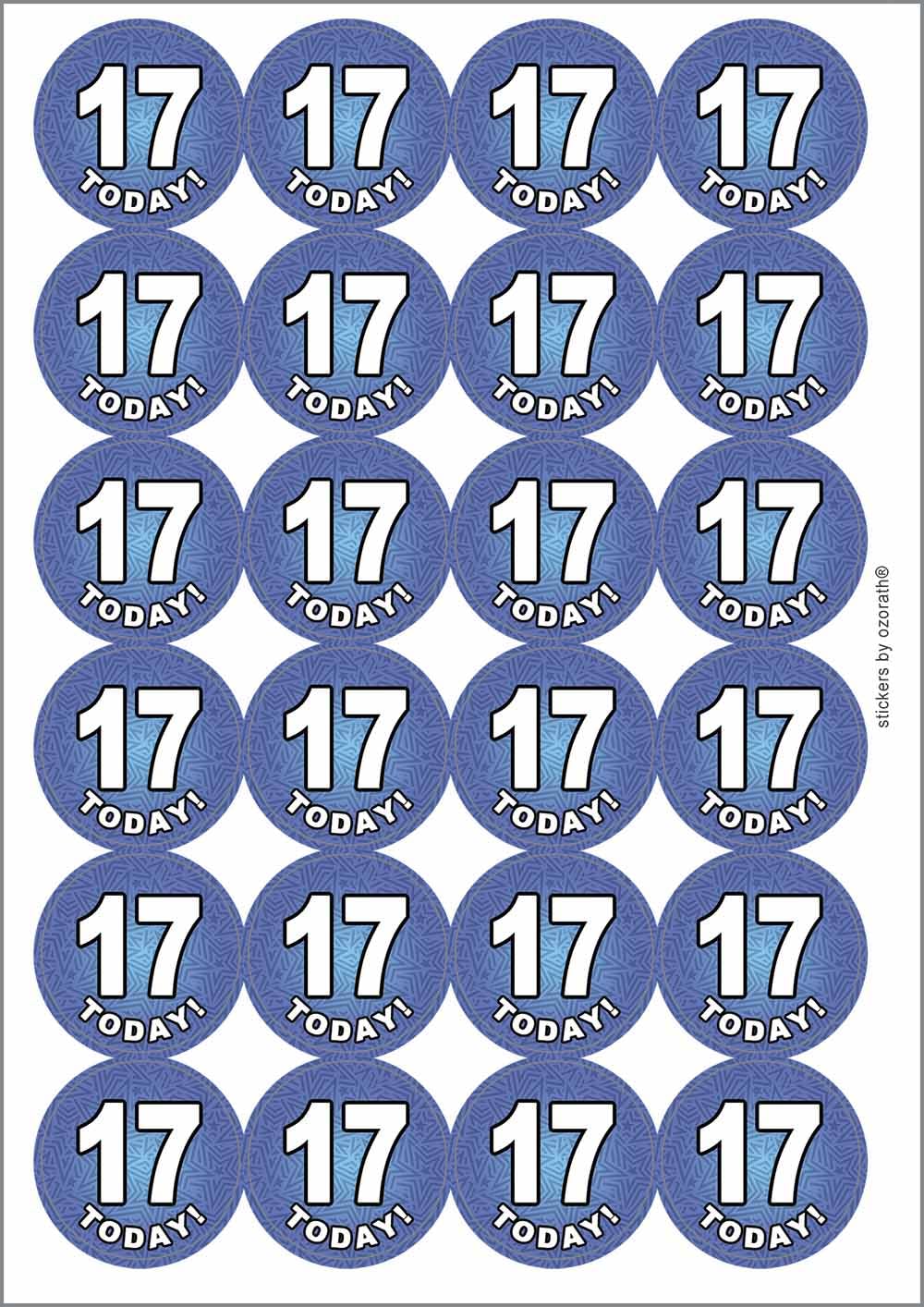 17 Seventeen Today Seventeenth 17th Birthday Circular Matt Paper Stickers A4 Sheet of 24 (Each Sticker is 45mm Diameter)