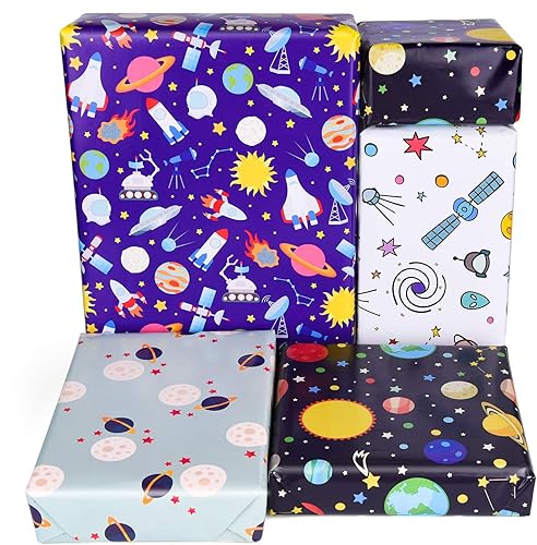 PLULON 6 hojas de papel de regalo de cumpleaños, diseño del espacio exterior para niños, regalo de fiesta de cumpleaños y baby shower