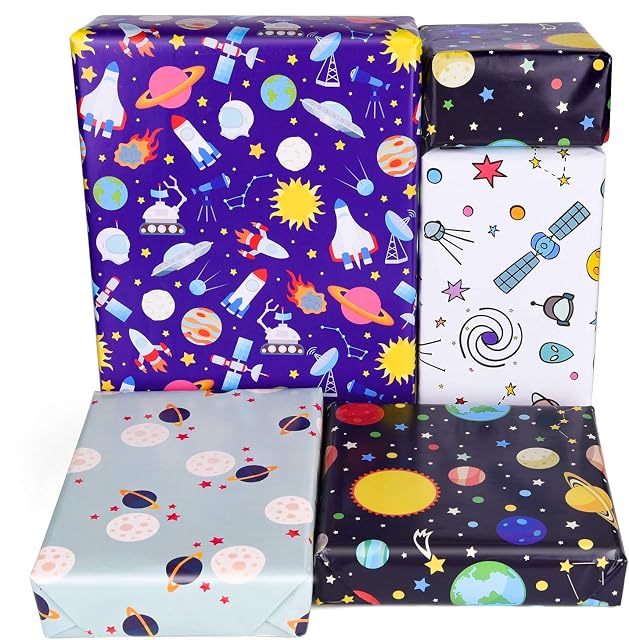 PLULON 6 Sheets Gift Wrapping Paper Birthday, Boys Outer Space Design Wrapping Paper for Kids Present Birthday Party and Baby Shower (Outer Space/6 Sheets)