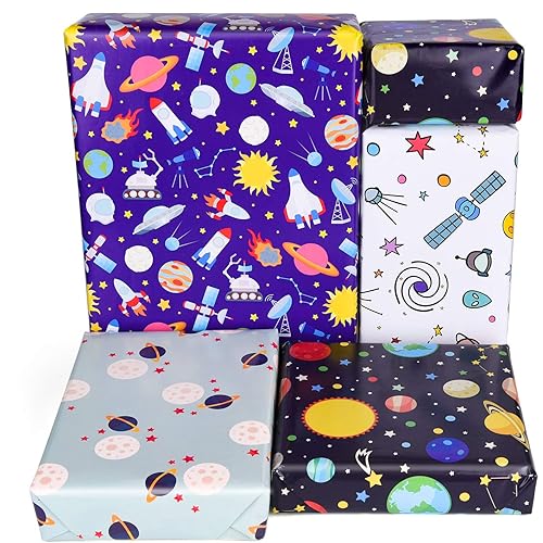 PLULON 6 Sheets Gift Wrapping Paper Birthday, Boys Outer Space Design Wrapping Paper for Kids Present Birthday Party and Baby Shower