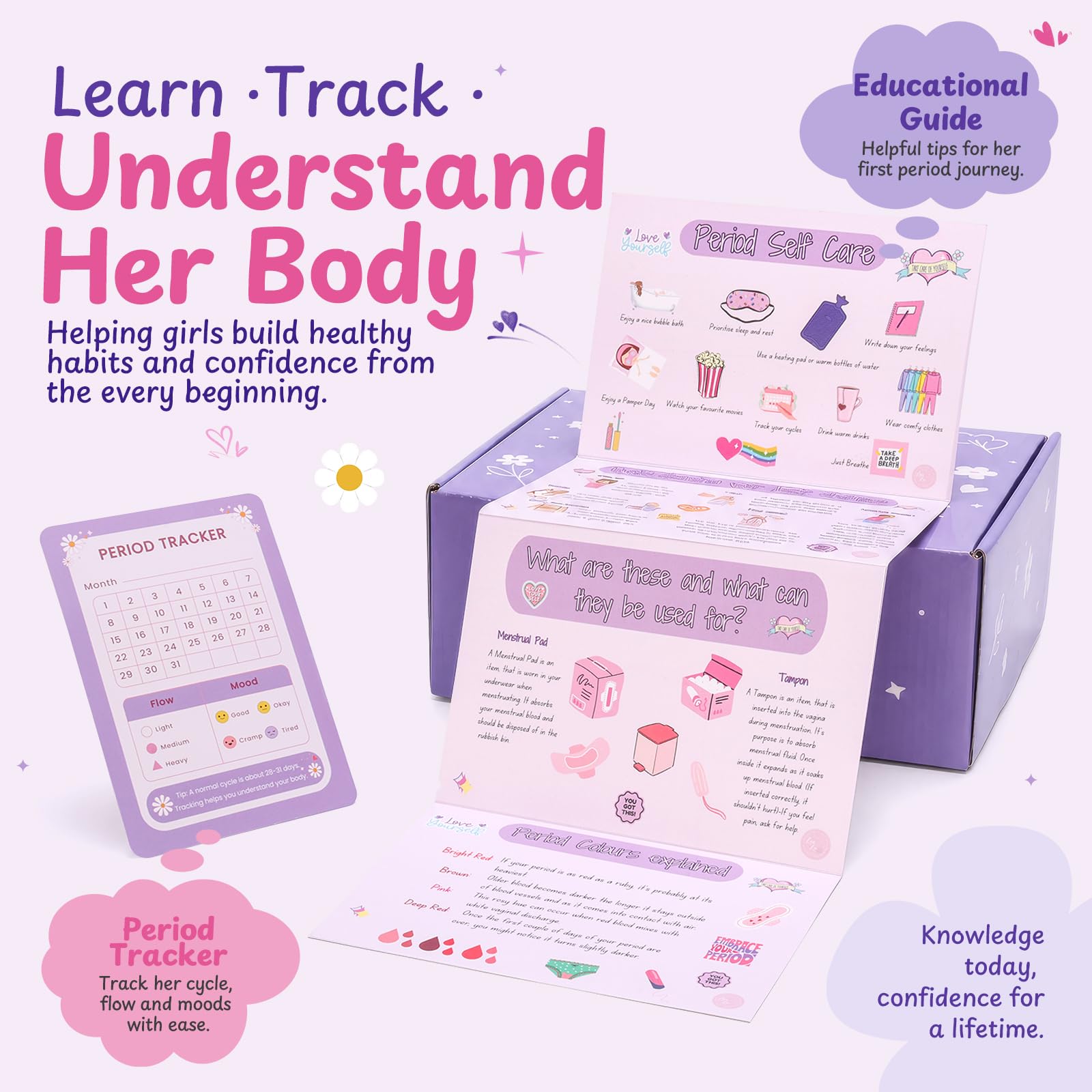 First Period Kit for Girls 9–12 – Tween Menstrual Starter Kits with 8 PC Period Gift Kits for for Tween Girls Gift-Ready Box (Lavender) — Amazon image 4