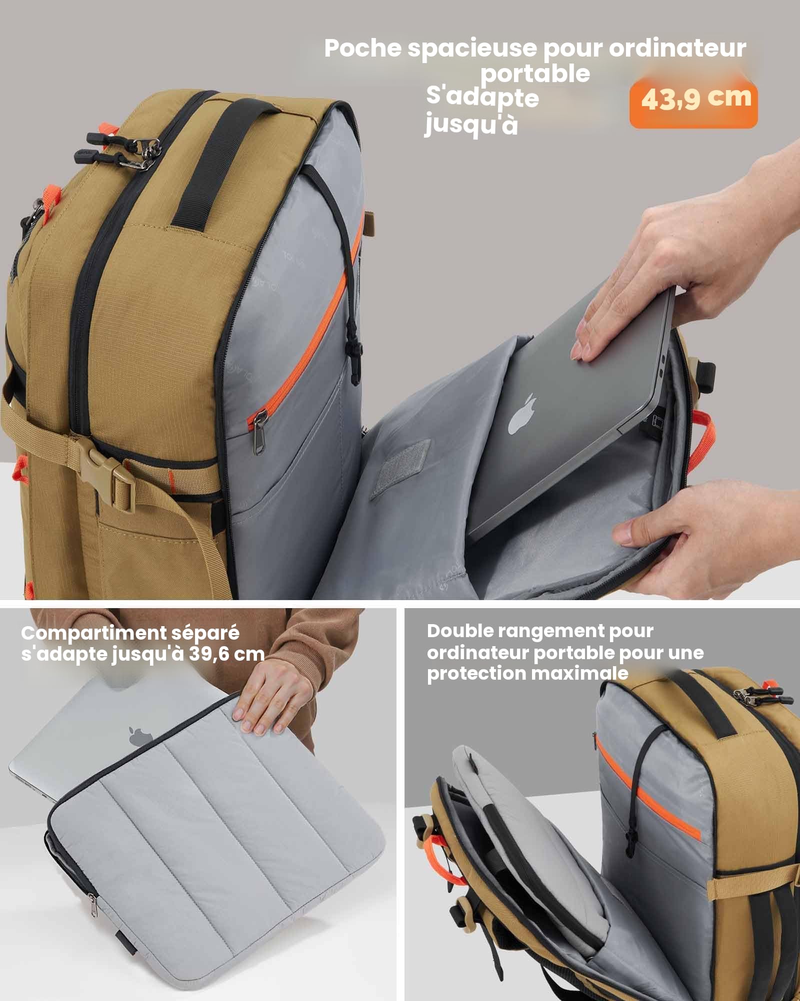 Tolaccea Sac a Dos Voyage Cabine Avion Extensible 45L-50L, Sac à Dos Voyage Imperméable Grand Compatible TSA Antivol, Sac a Dos Ordinateur 17,3“, Sac Cabine Avion pour Homme Femme Voyage, Kaki