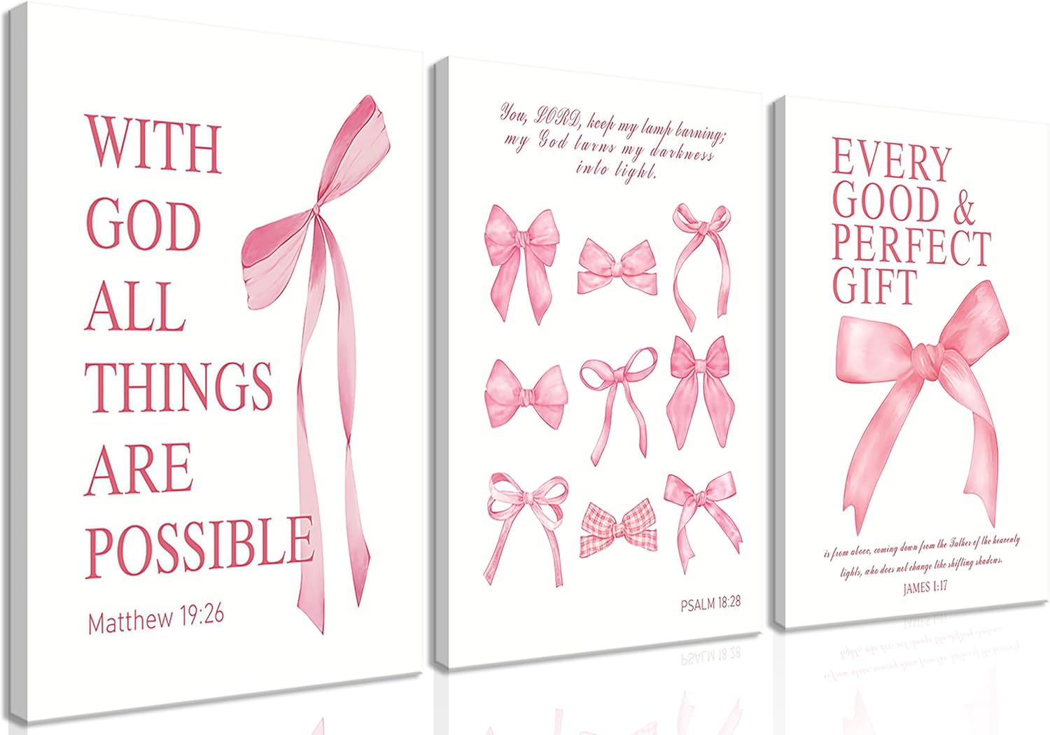 Pink Bow Canvas Wall Art Set of 3, Pink Coquette Dorm Room Wall Decor Paintings, Inspirational Scripture Verses Bows Posters Prints Pictures for Girls Dorm Room Bathroom Bedroom 16x24 Inch Framed
