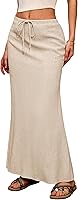 ELLEVEN Linen Flared Maxi Skirt with Back Slit - Flowy Ankle-Length Elastic Waist Drawstring Skirt for Summer