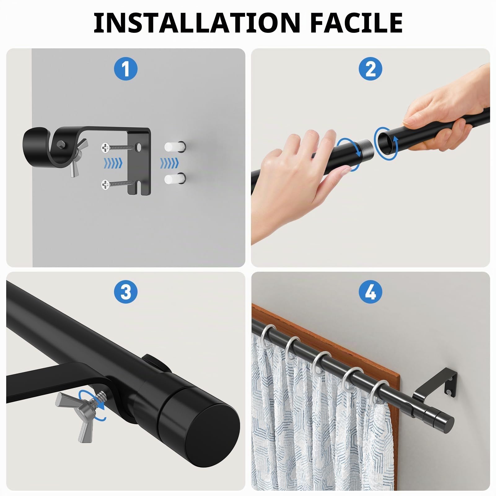 WELDUN Tringle à rideaux extensible en métal robuste pour fenêtre - 81 à 361 cm - Pour rideaux à œillets de 20 mm de diamètre - Noir