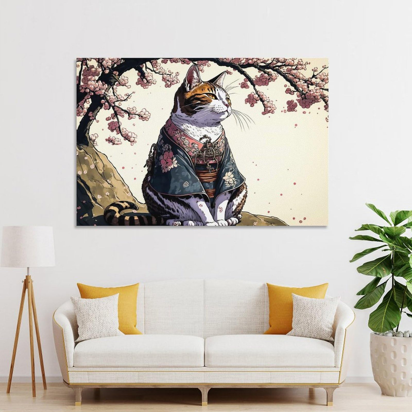 Junmoney Unframe-Style-11 Cat Samurai Cherry Blossom Canvas Art Print, 20X30inch(50X75cm), For Picture Wall Styling In Lounge Or Bedroom, Wall Decor Suited To Curated Displays