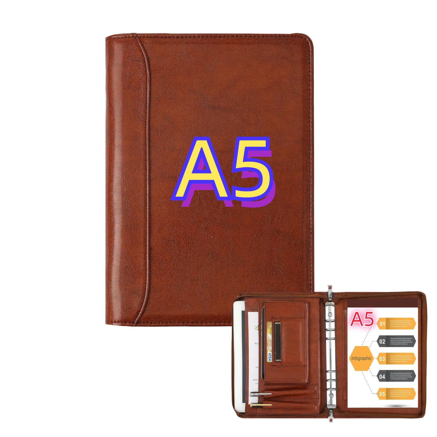 KISSKI.H Olvido A5 Planner Binder Padfolio for Men, Small Business Zippered Portfolio Organizer, 6 Ring Folder Folio Cover with 1pc A5 Notepad, Tablet