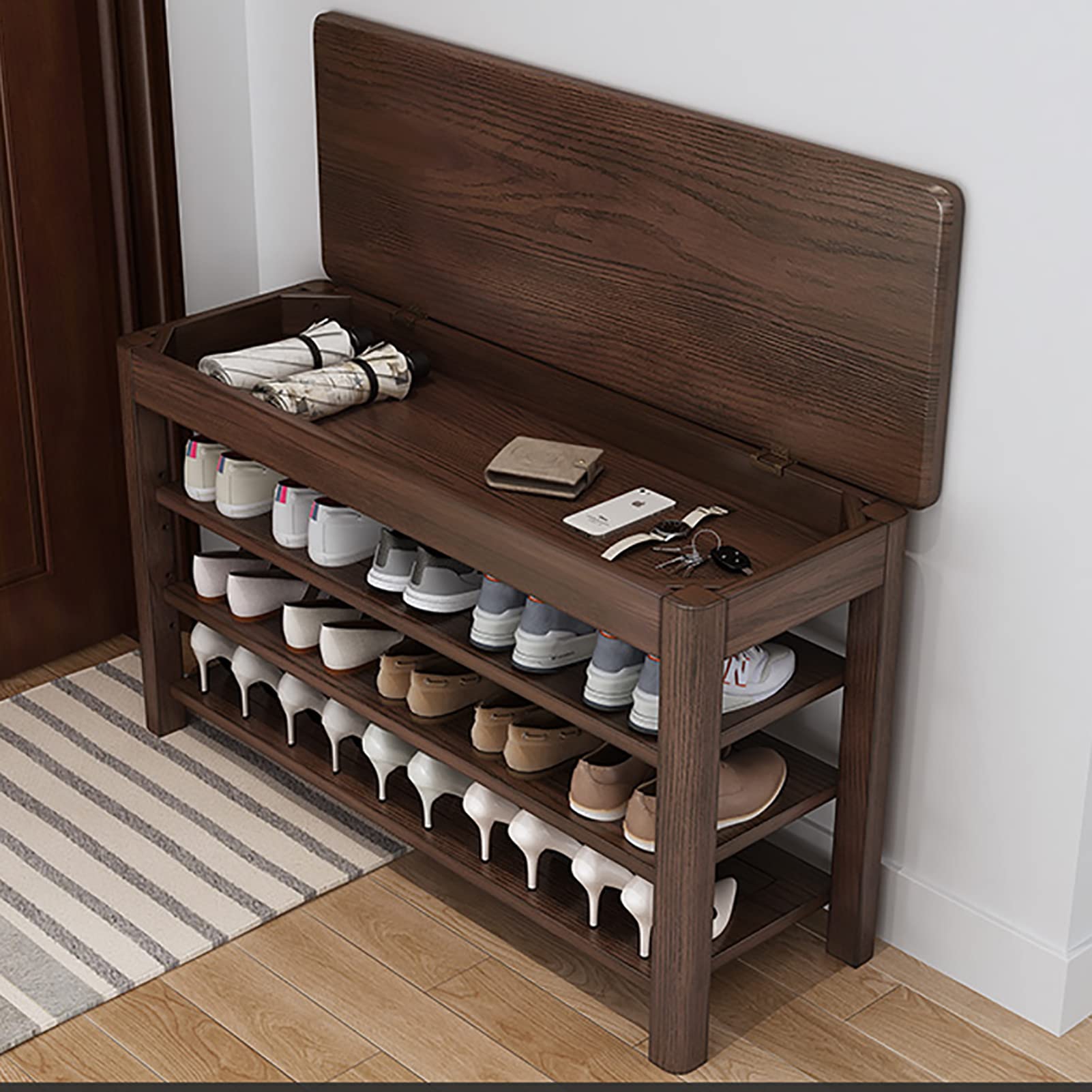 Banc à chaussures avec rangement d'entrée, meuble bois massif 3 niveaux noyer