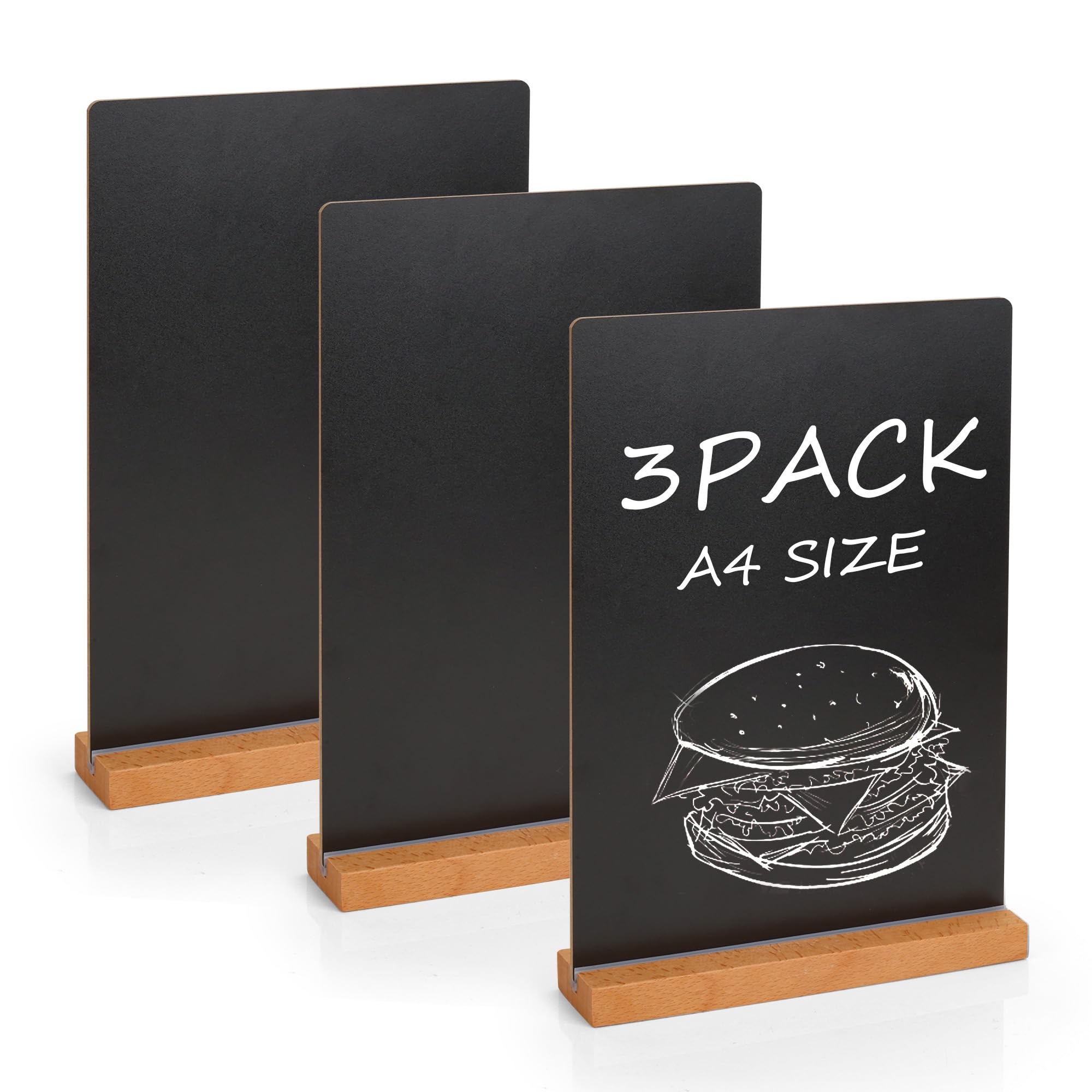 YKUKIZEE 3 PCS A4 Chalkboard Signs with Wooden Stands, Double Sided Tabletop Blackboards, Menu Chalk Board for Message Bar Pub Wedding Restaurant Party