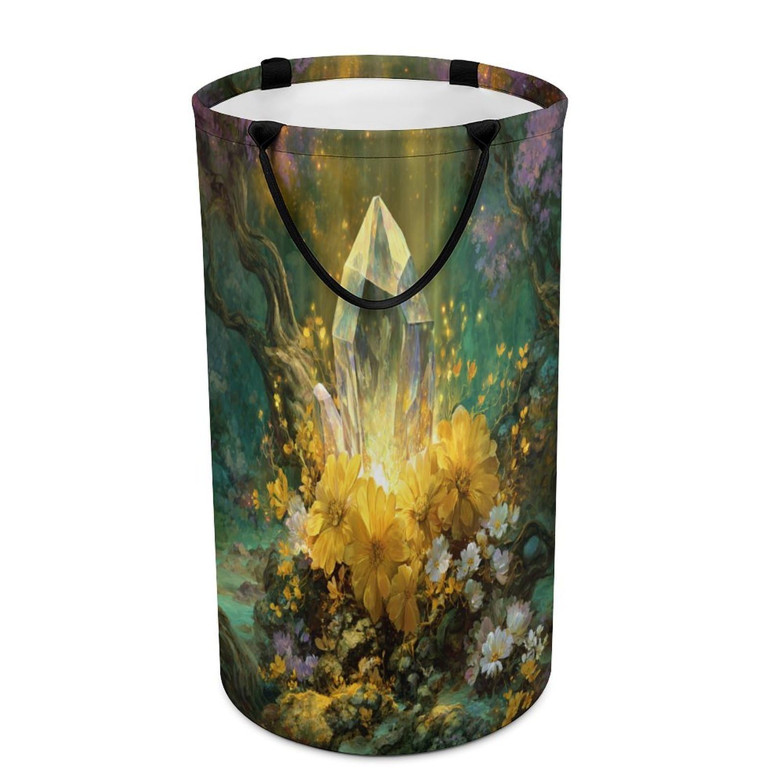 LUYYSKY Luxury Vintage Fairy Crystal Versatile Storage Laundry Basket, Classic Oil Painting Enchanted Forest Plant Daisies Floral Large Bathroom Laundry Hamper With Handle-40 CM Dia, 69 CM High