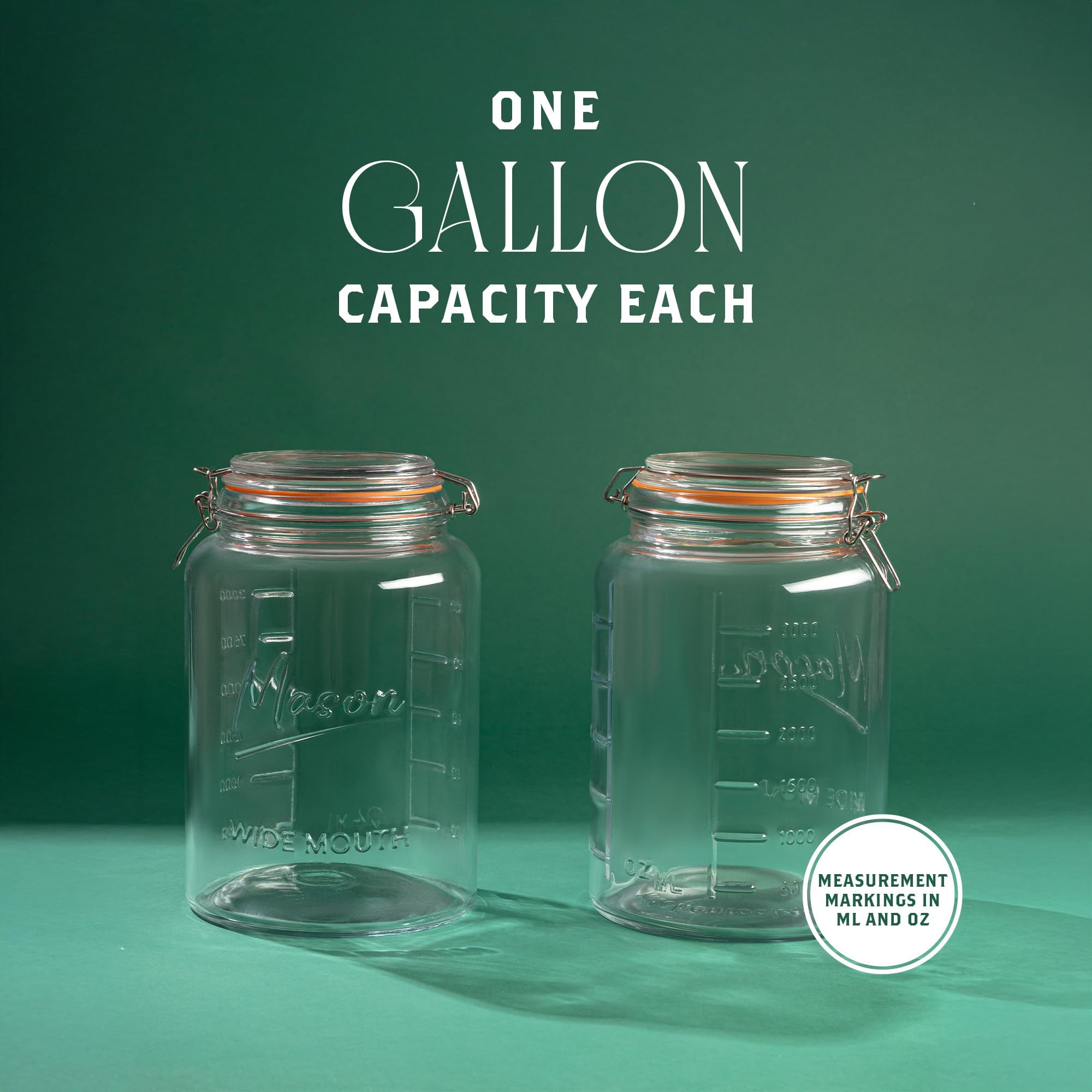 kitchentoolz Tarros de almacenamiento de vidrio de 1 galón con tapas herméticas y marcas de medición, tarros de conservas de boca súper ancha con gran capacidad para encurtidos, vidrio de agua y avena