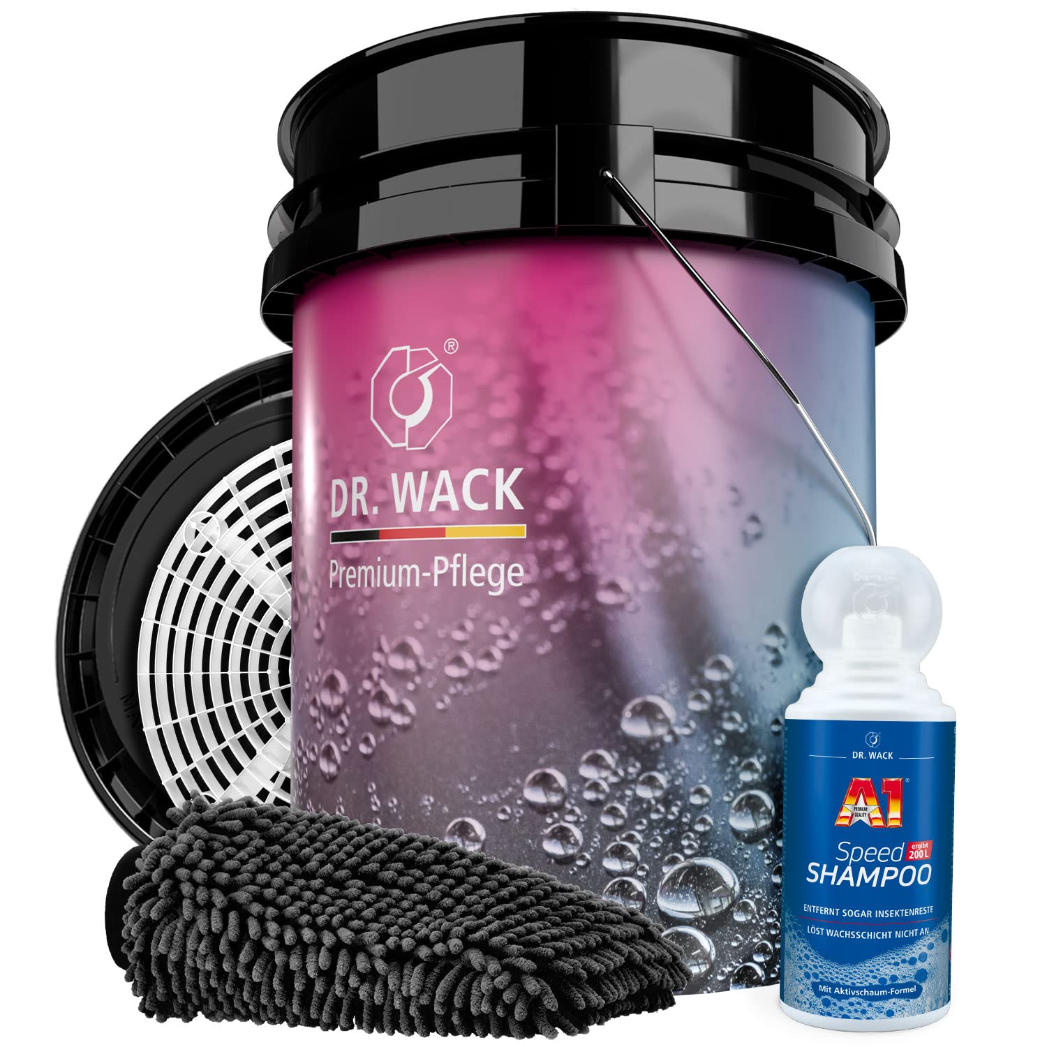Motorrad Handwäsche Bundle - Dr. Wack A1 Speed Shampoo 0,5L + Magic Bucket Wascheimer mit passendem Deckel & Grit Guard Schmutzsieb + detailmate Waschhandschuh | Set für die Motorradwäsche
