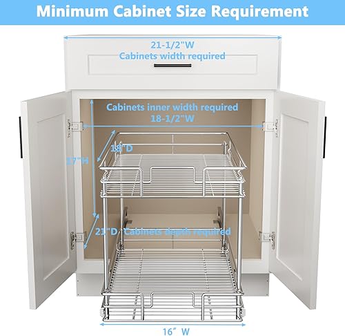 Vista 32 de LOVMOR Organizador de gabinete extraíble de 2 niveles, 14 pulgadas de ancho x 21 pulgadas de profundidad, cajón extraíble cromado para gabinete Plata