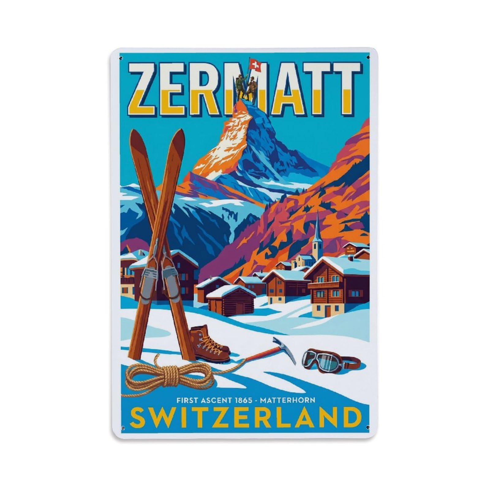 Olhnbad Style Alpine Zermatt Switzerland Colorblock Mountain Travel Metal Tin Sign