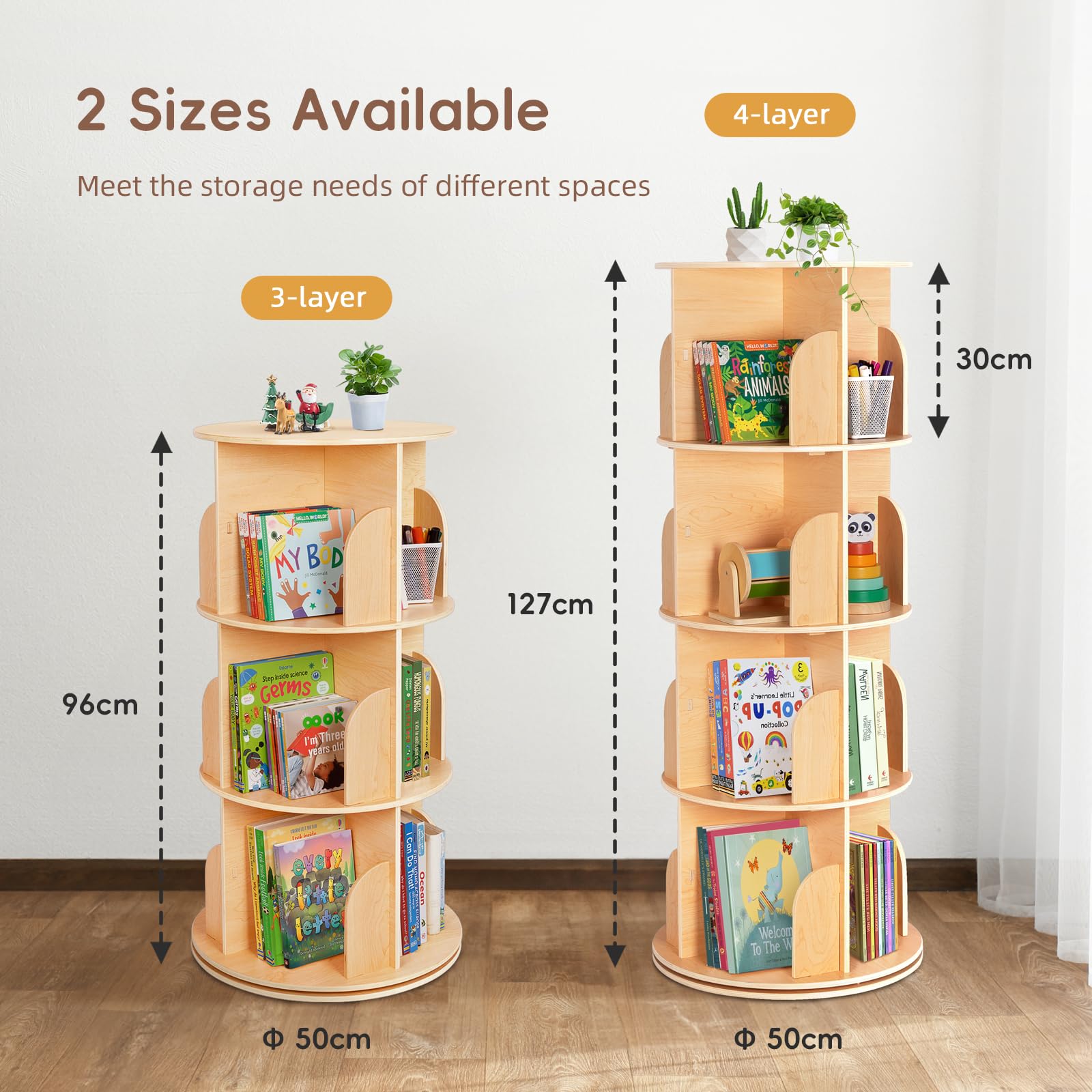 OOOK Drehbares Bücherregal, 360° Bücherregal Drehbar mit 4 Etagen, Drehregal Schmal für Kinder und Erwachsene, Bücher Standregal Holz für Bibliothek, Wohnzimmer, Schlafzimmer