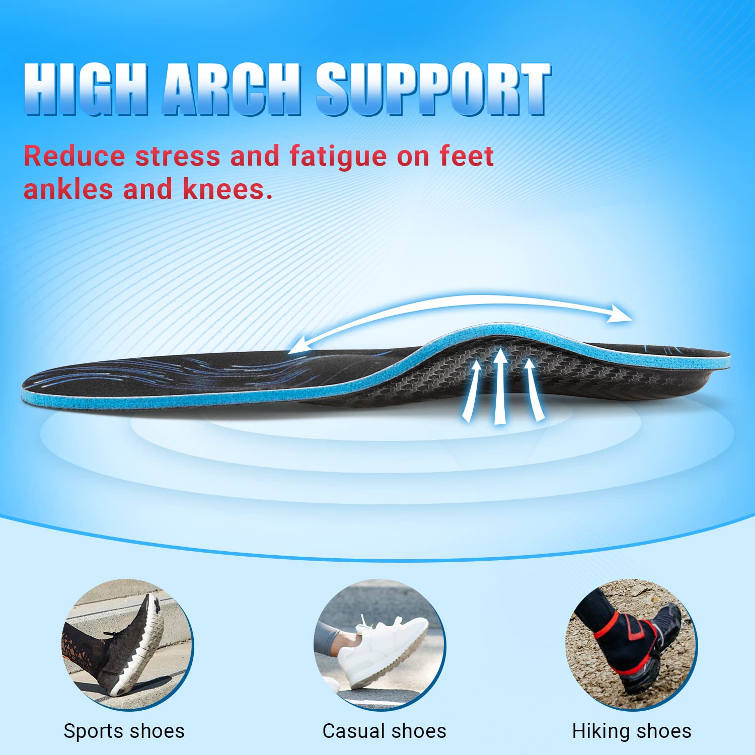 PCSsole Solette Ortopediche Supporto per arco plantare, Sport Solette Scarpe per piedi piatti, fascite plantare, dolore al tallone,per uomo e donna, Nero (30.5CM)
