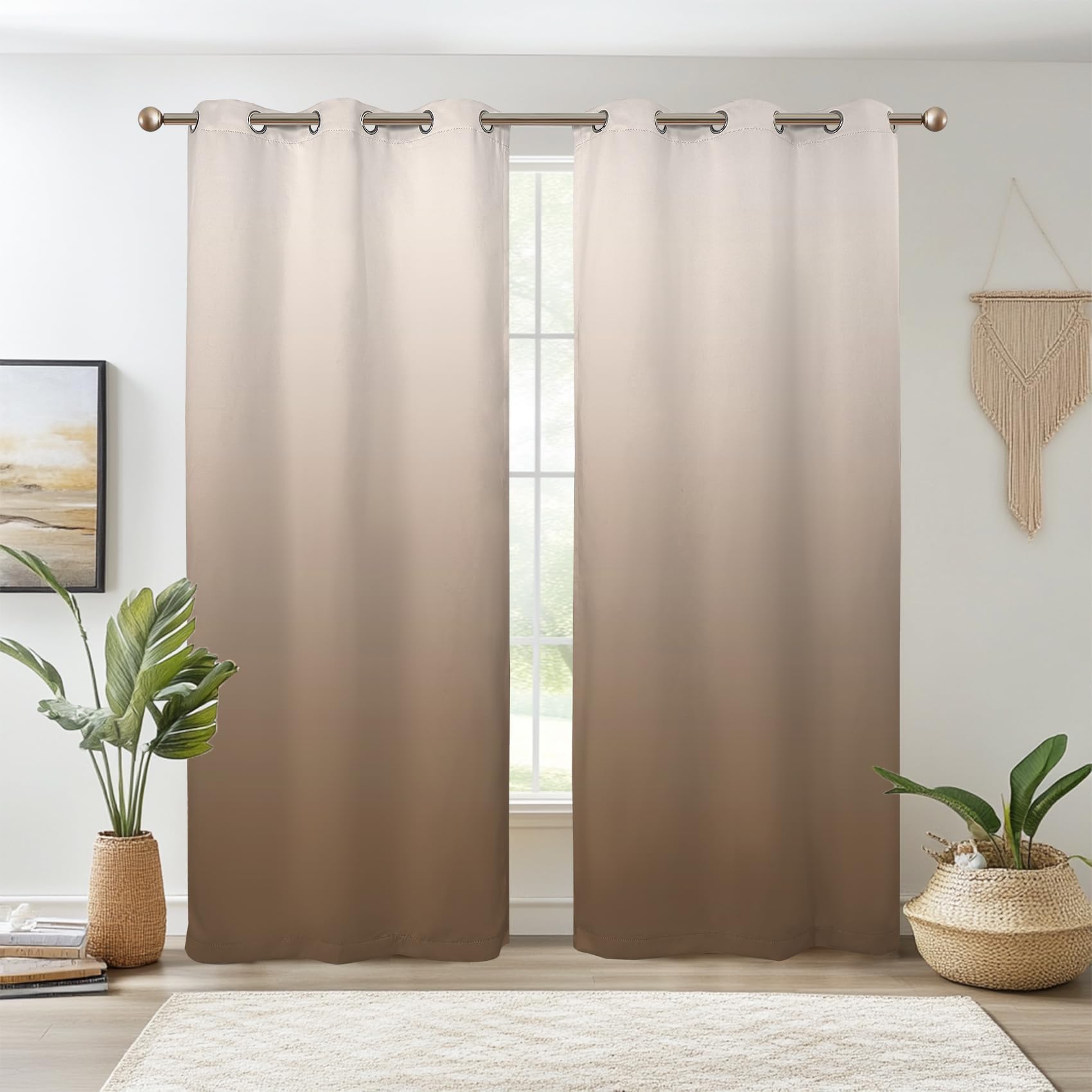 Brown Ombre Blackout Curtains, Gradient Color Thermal Insulated Window Curtain for Living Room, Polyester Grommet Top Window Drapes for Bedroom (29W x 45L / 2 Panels Per Set)