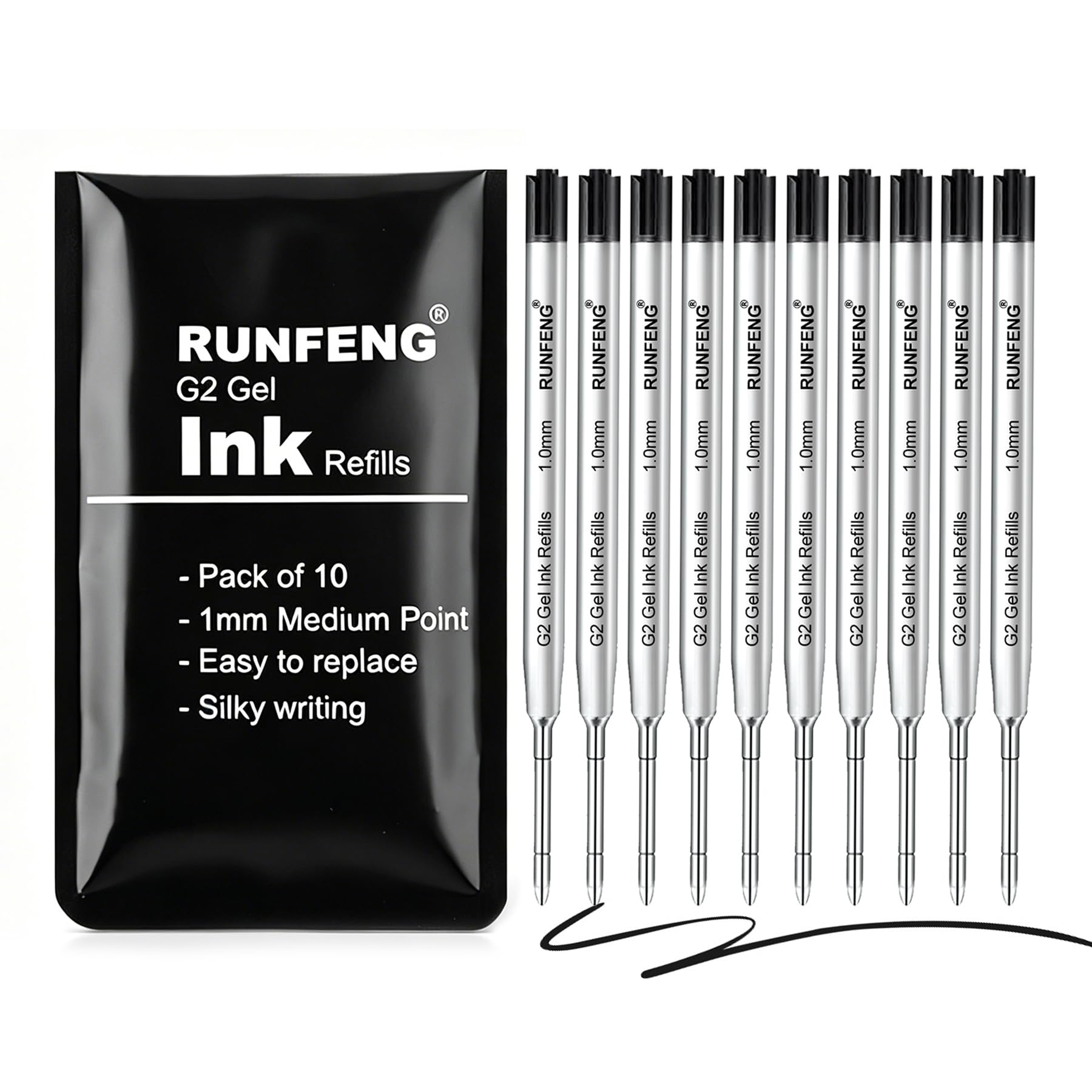 Ricariche Inchiostro per Penne a Sfera 1mm G2, Set di 10 Pezzi Refill, Ricarica Sostituibile (Nero)