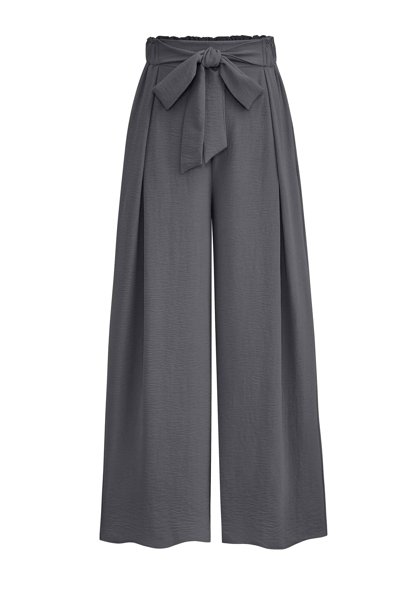 PRETTYGARDEN Women's Palazzo Wide Leg Work Dress Pants Summer Business Casual Outfits, Tie Front, Elastic High Waisted, Trousers with Pockets, Office Interview, Spring Fall Clothes