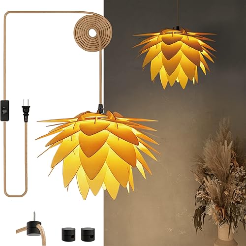Miniatura 1 de Luces colgantes con cable enchufable, lámpara colgante de flor de loto, pantalla colgante bohemia de madera con cable de cuerda de 15 pies, luces