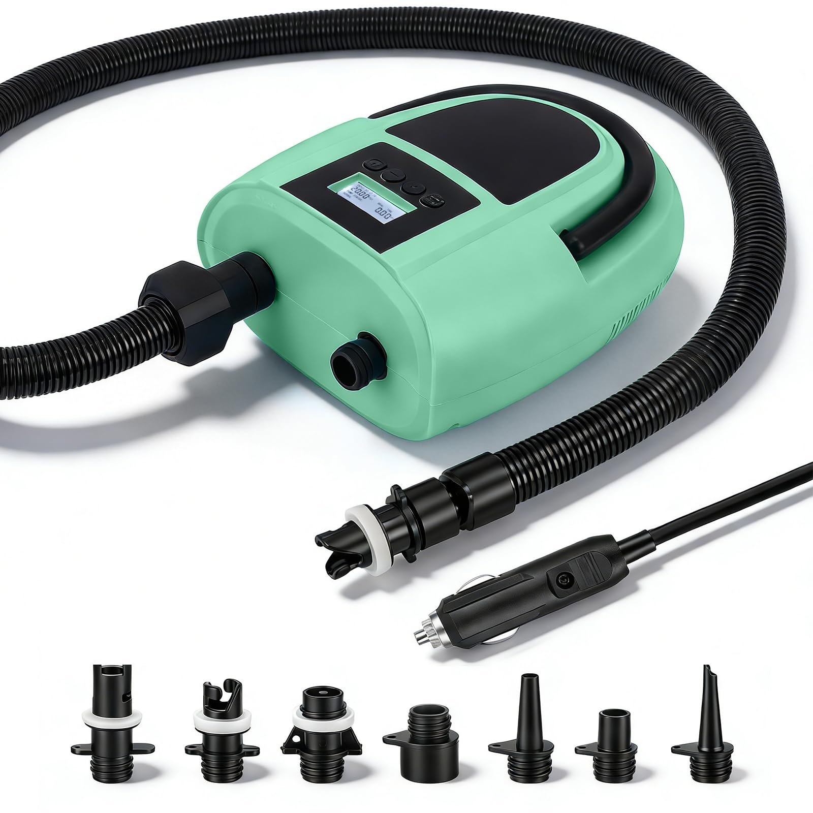 Pompa Elettrica SUP 12V, Gonfiatore a 2 Stadi 350L/min con Arresto Automatico, 7 Ugelli, 0,5-20 PSI, Portatile per Gonfiare/Sgonfiare Paddle Board, Gommoni, Materassi Aria, Piscine & Campeggio