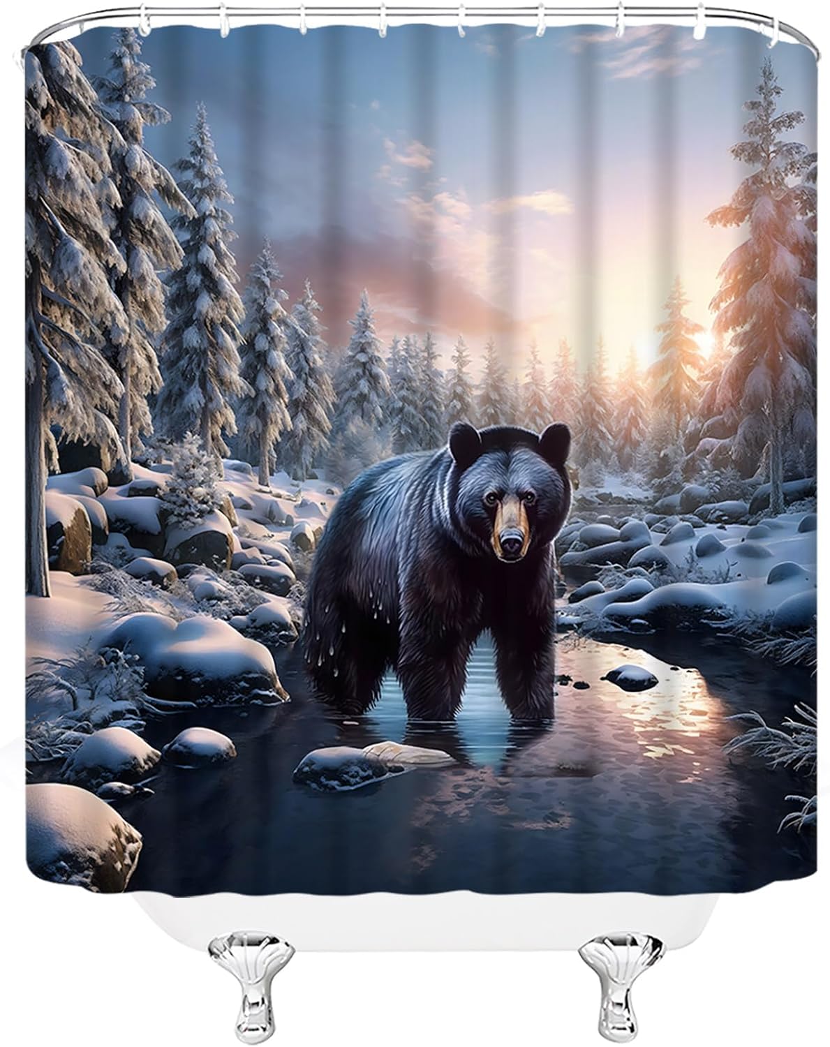 Winter Bear Extra Long Shower Curtain,Wildlife Black Bear Tree Forest Lake Animal Rustic Cabin Blue Bathroom Home Curtain Decor with Hooks,70x78 Inch