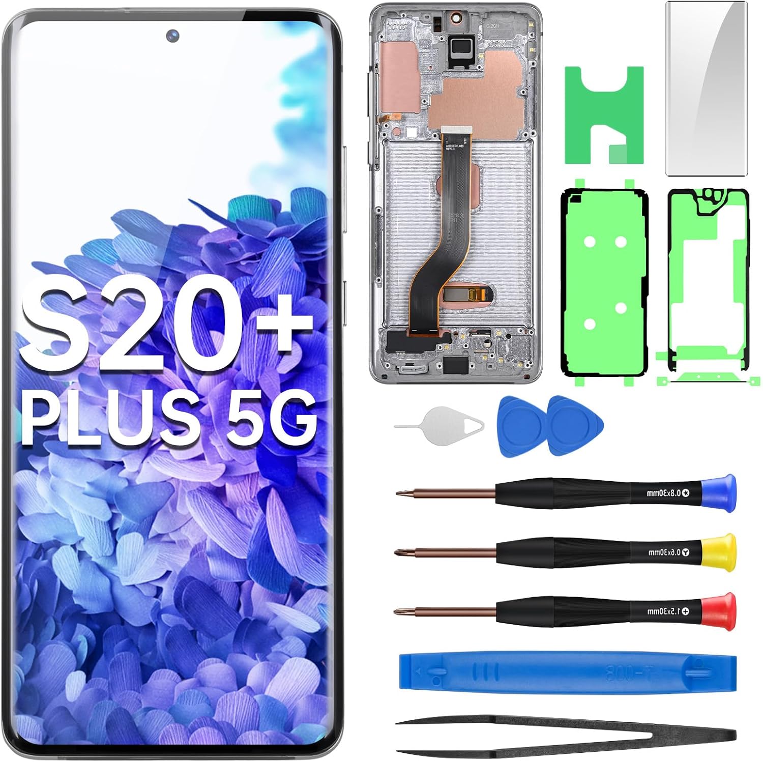 AMOLED Screen Replacement for Samsung Galaxy S20 Plus 5G OLED Display Touch Digitizer Full Assembly with Cloud Blue Frame and Side Button Glass Repair Tools Kit SM-G986U SM-G986U1