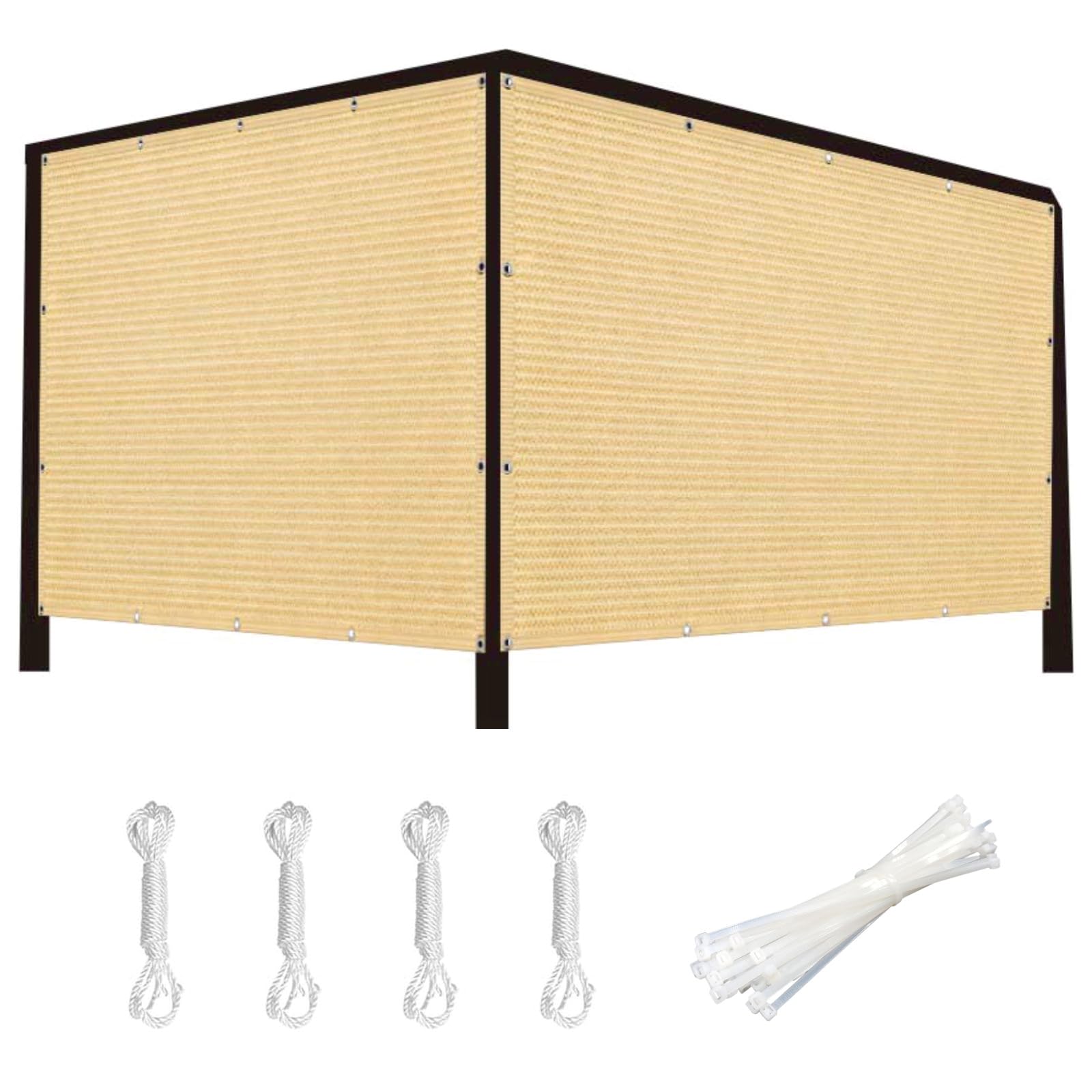 Siatka Cieniująca 195 x 510 cm Oddychające HDPE – 95% Blokady Uv, 90% Zacienienia Siatka Cieniująca Z Oczkami Z Oczkami, Z Linką I Opaskami Kablowymi Do Ogrodu, Piaskowy żółty