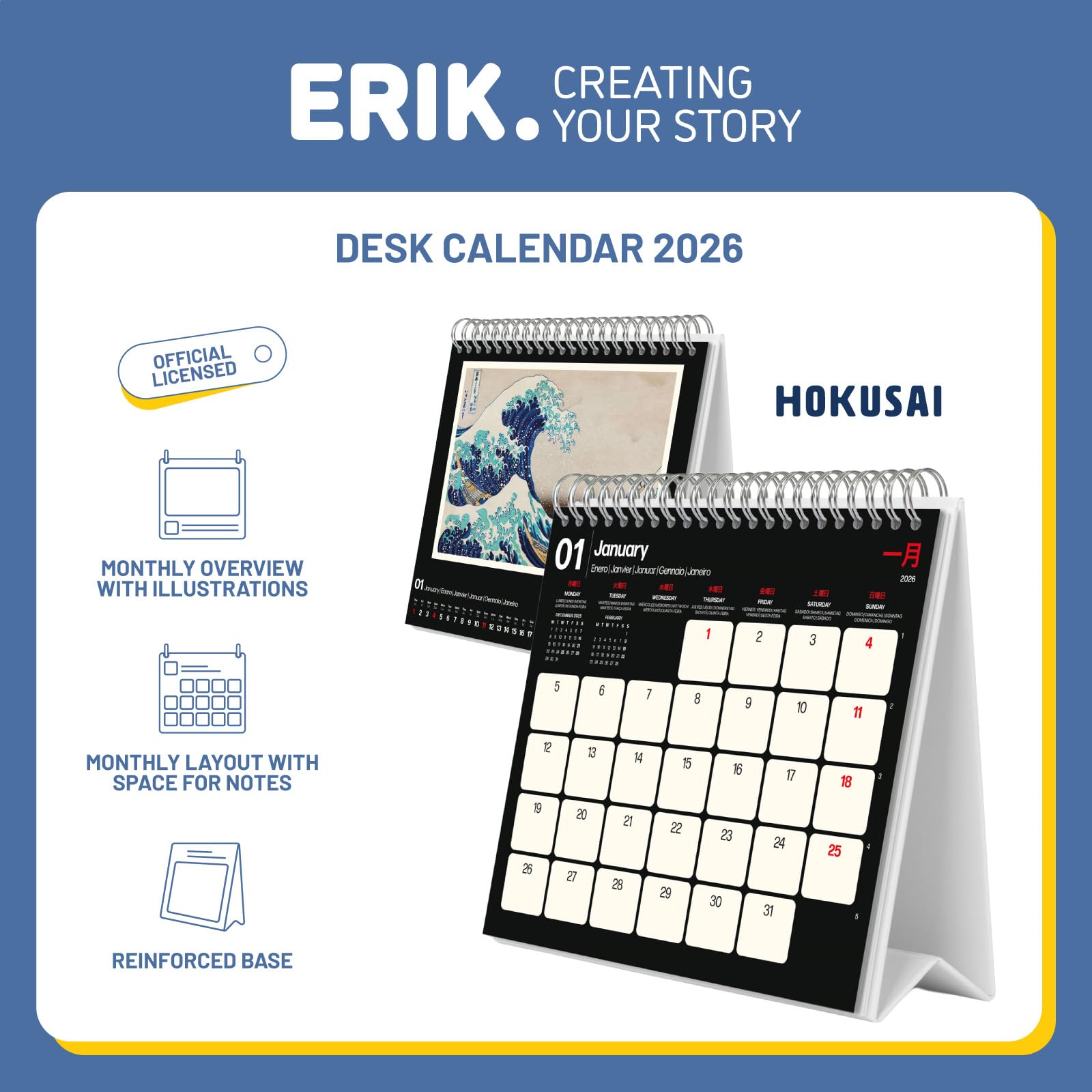 Grupo Erik Desk Calendar 2026 - Hokusai Calendar 2026 Month To View | Monthly Desk Planner, Desktop Gifts Under 10 Pounds | Japanese Art Gifts For Friends