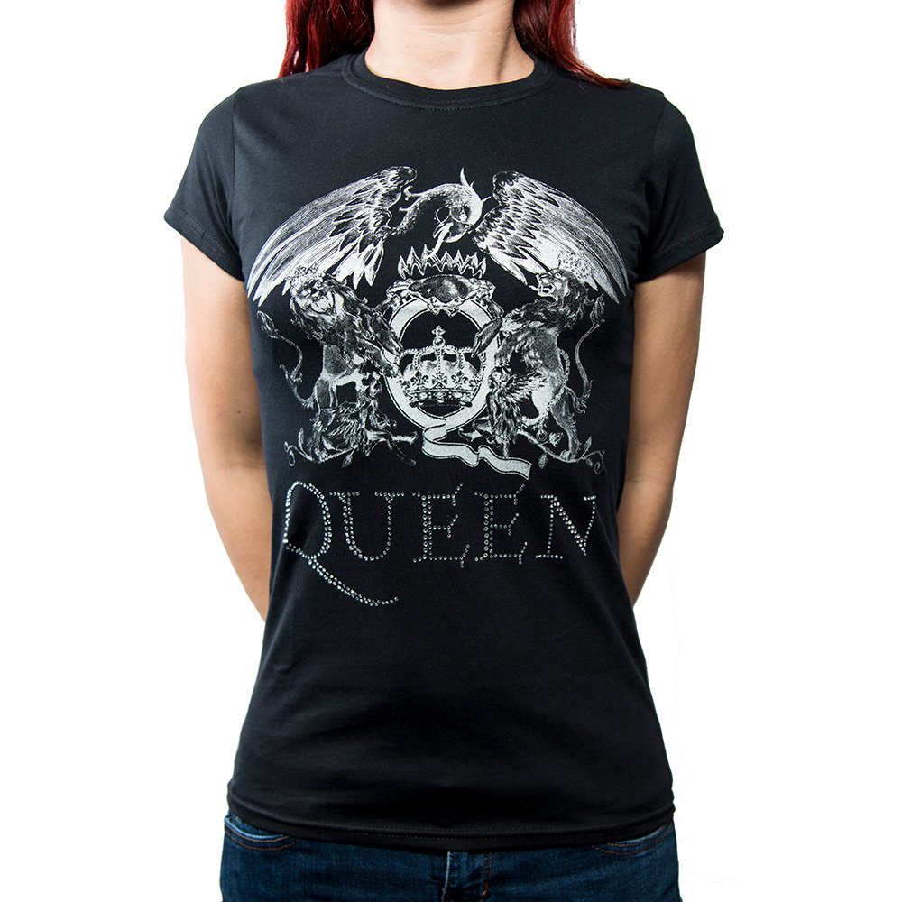 Official Queen - Crest Logo - Diamante Ladies T Shirt (Large)
