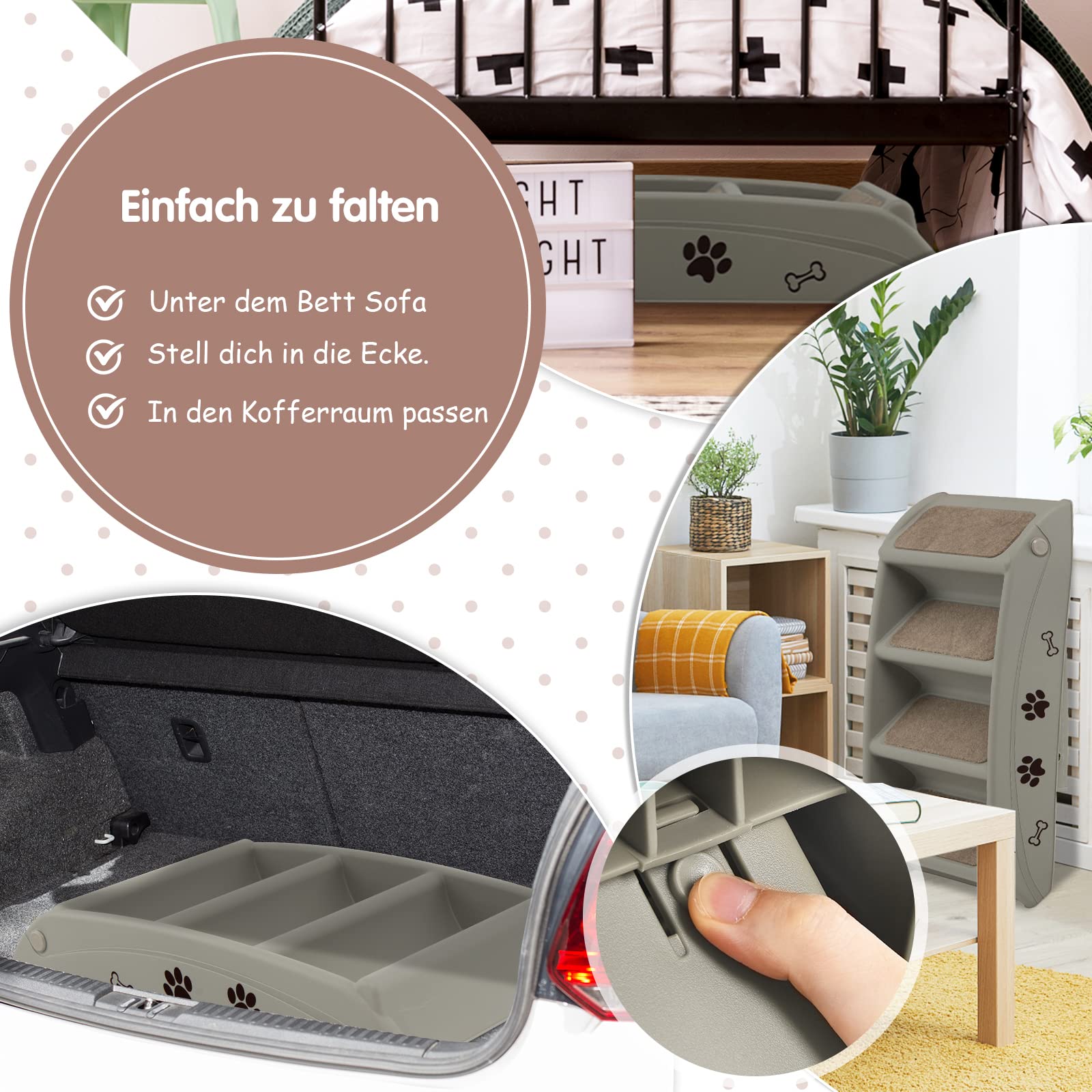 GOPLUS Escalera Plegable para Mascotas con 4 Peldaños, Escalera para Perros de Plástico, Rampa para Mascotas Portátil con Superficie Antideslizante, para Cama Sofá Coche, Carga Máxima 60KG, Gris