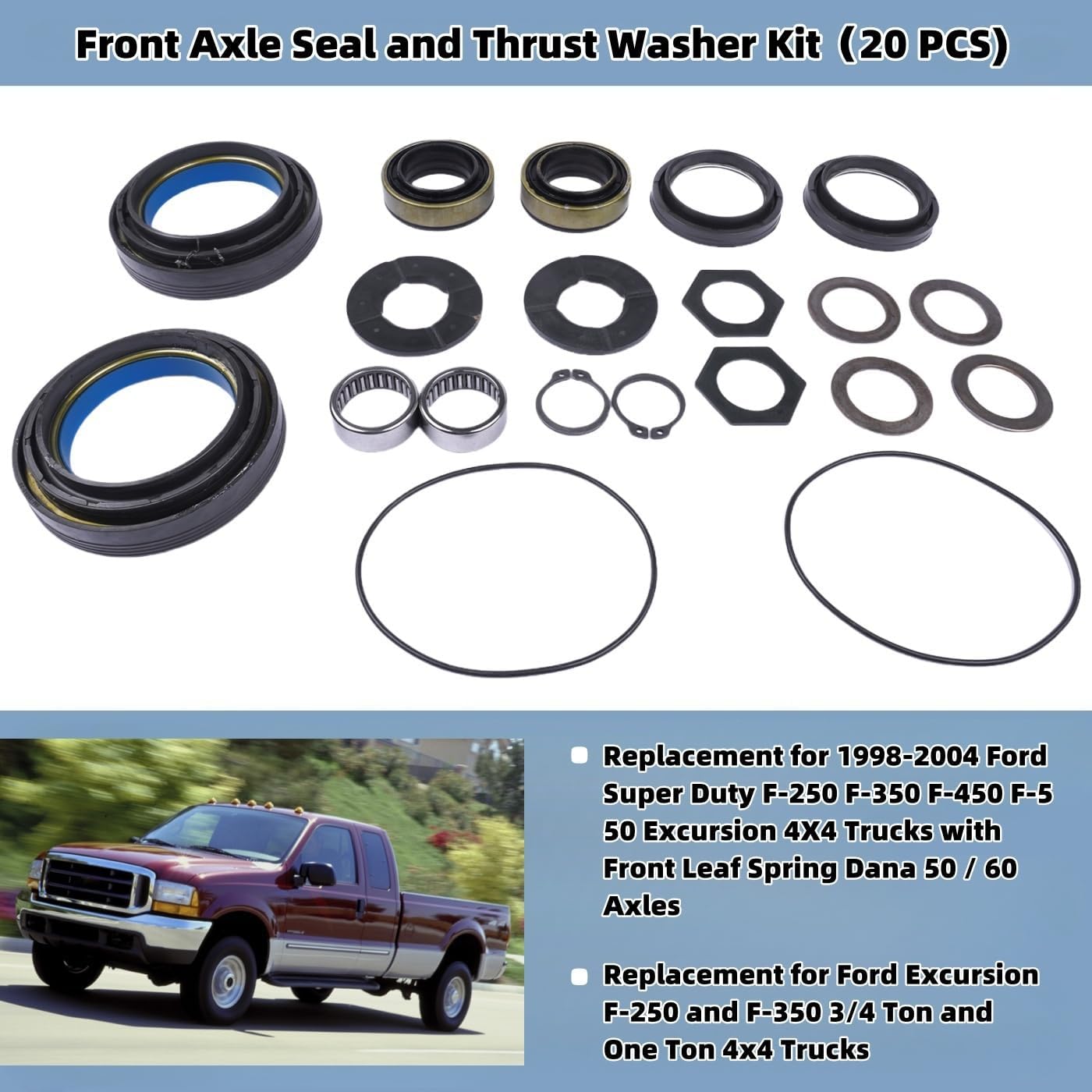 Outer Axle Dust Seal Inner Tube Seal Snap Ring Needle Bearing Thrust Washer Seals Kit Replacement for Ford Super Duty Excursion F250 F350 F450 F550 1998-2004 Dana 50/60 Axles 701166X 620142 Vahaha