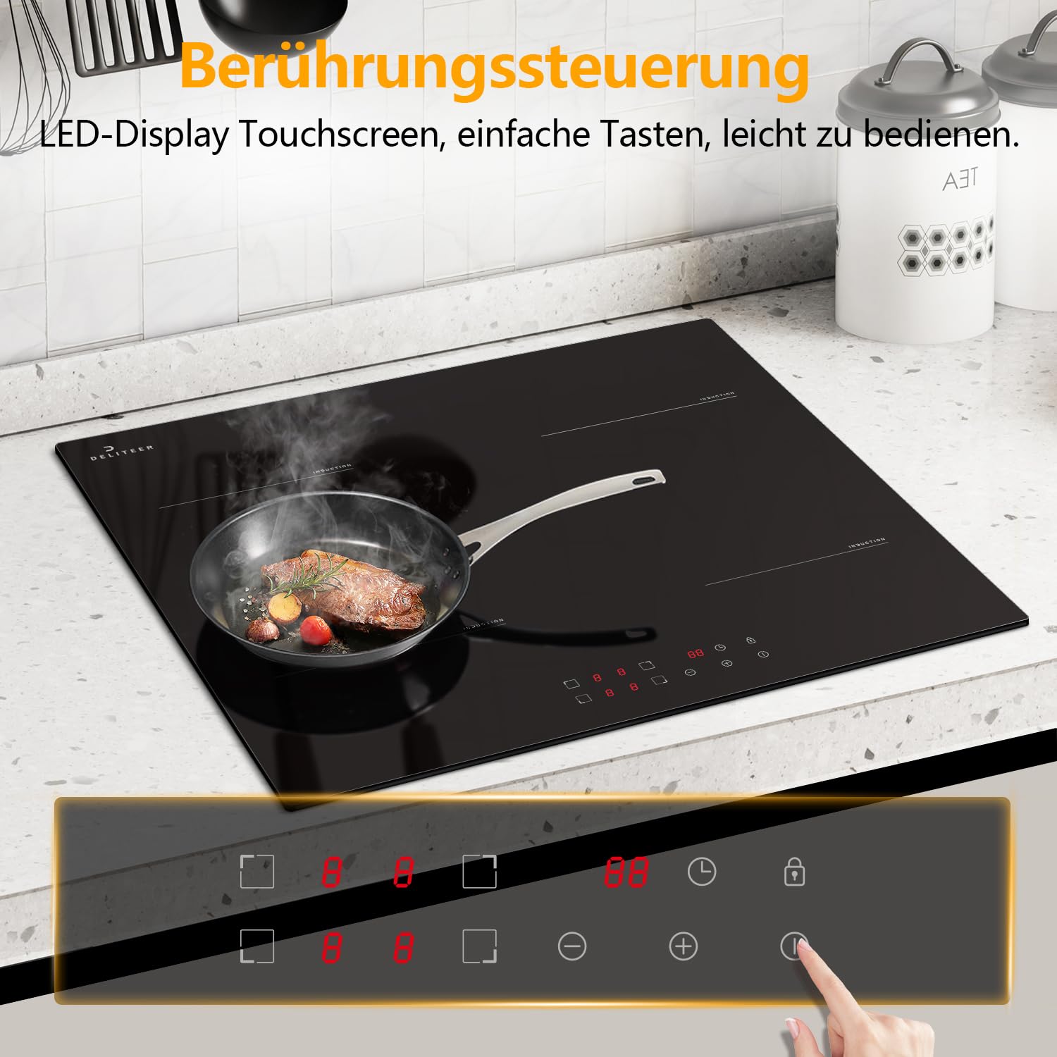 Induktionskochfeld 4 Platten 3500W 220-240V Autarkes Kochfeld Einbau 60cm Sicherheitssperre Timer 16A Steckerdose