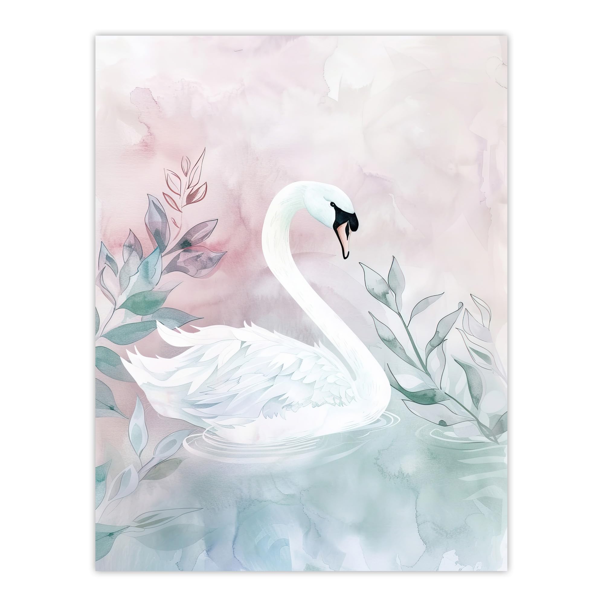 Artery8 Lake Swan Pink Green Light Watercolour Painting Living Room Large Wall Art Poster Print Thick Paper 18X24 Inch