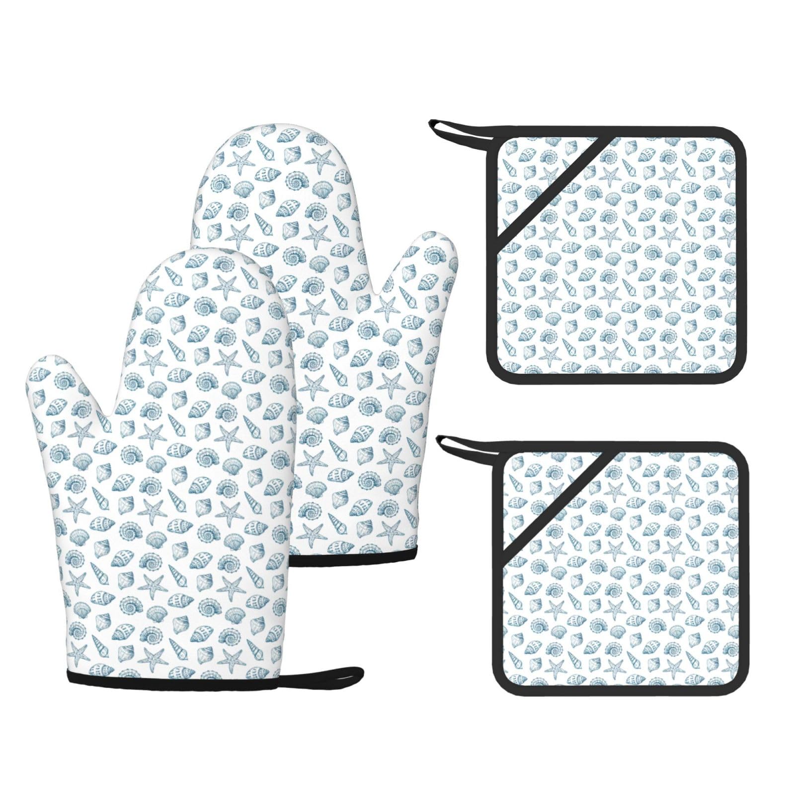 Starfish Shell Fashion Printed Kitchen Kit with Heat Resistant Oven Mitts & Non-Slip Hot Pads for Baking