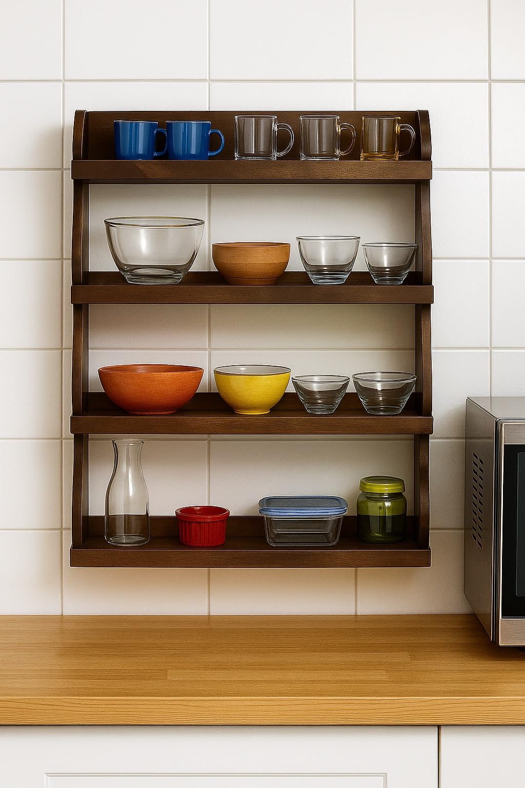 SHILPIKARMAN Solid Wood Wall-Mounted Kitchen Rack, 4-Tier Display Shelf, Walnut Finish-image-43