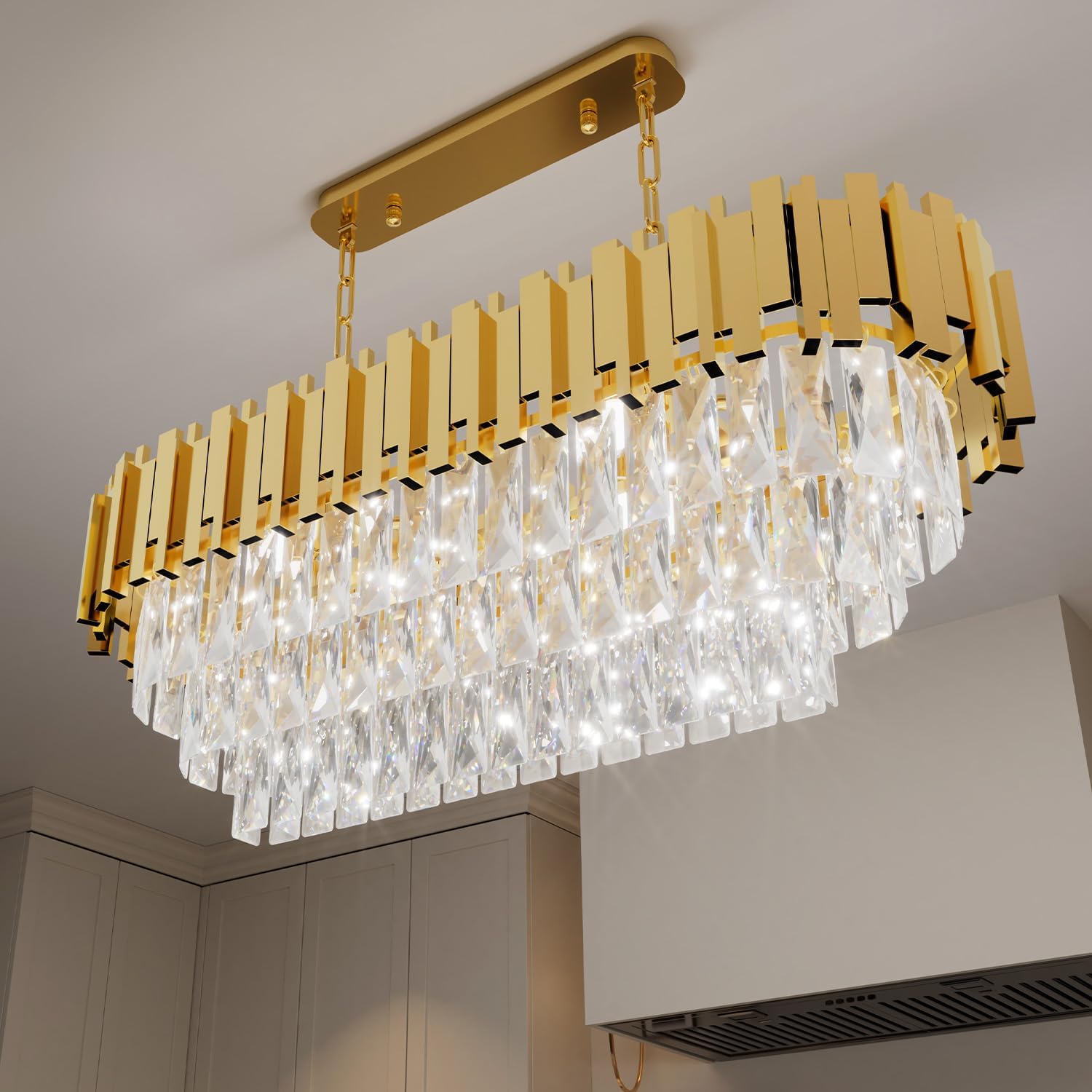 WOSOHYUIN 32" Gold Rectangular Crystal Chandelier, Modern Flush-Mount 8-Light Ceiling Light Fixture, K9 Raindrop Luxury Pendant Lighting for Dining Room Living Room