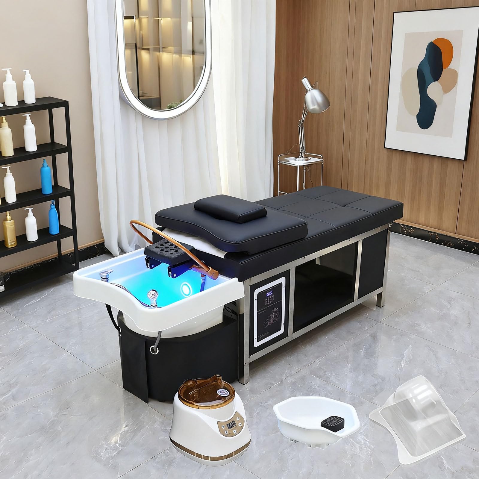 Nykto Head Nykto Head Spa Equipment z fumigacją i cyrkulacją wody, stół do masażu skóry głowy, do salonu fryzjerskiego, salonu masażu, stal nierdzewna