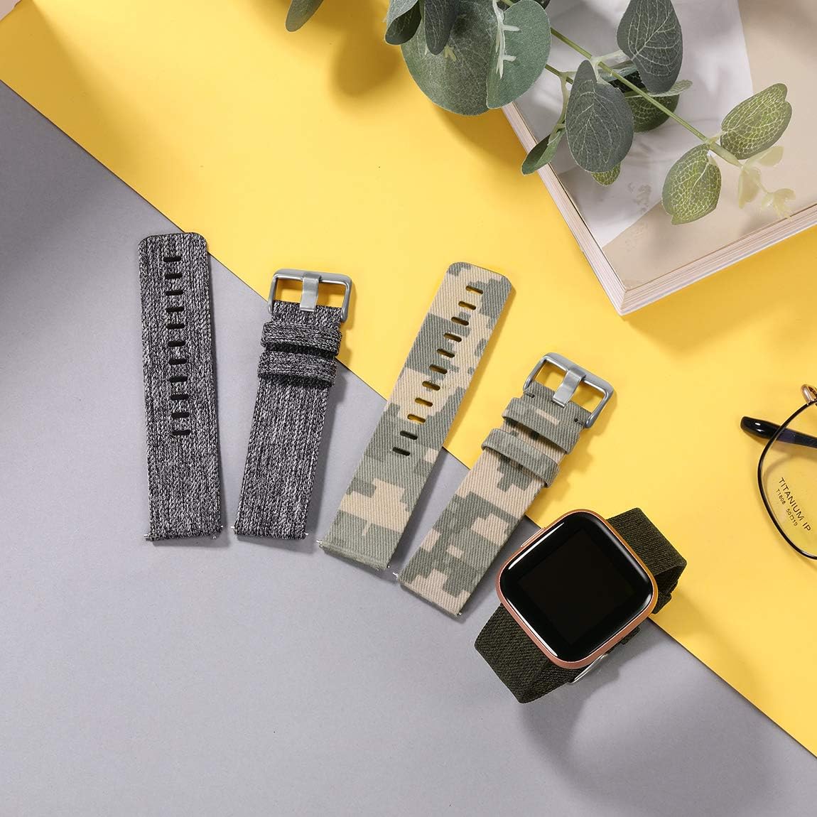 Maledan Bands Compatible with Fitbit Versa/ Versa Lite/ Versa 2 for Men Women Small, Breathable Woven Fabric Strap Replacement Watch Band for Versa Watch, 3 Pack Charcoal/Green/Camouflage