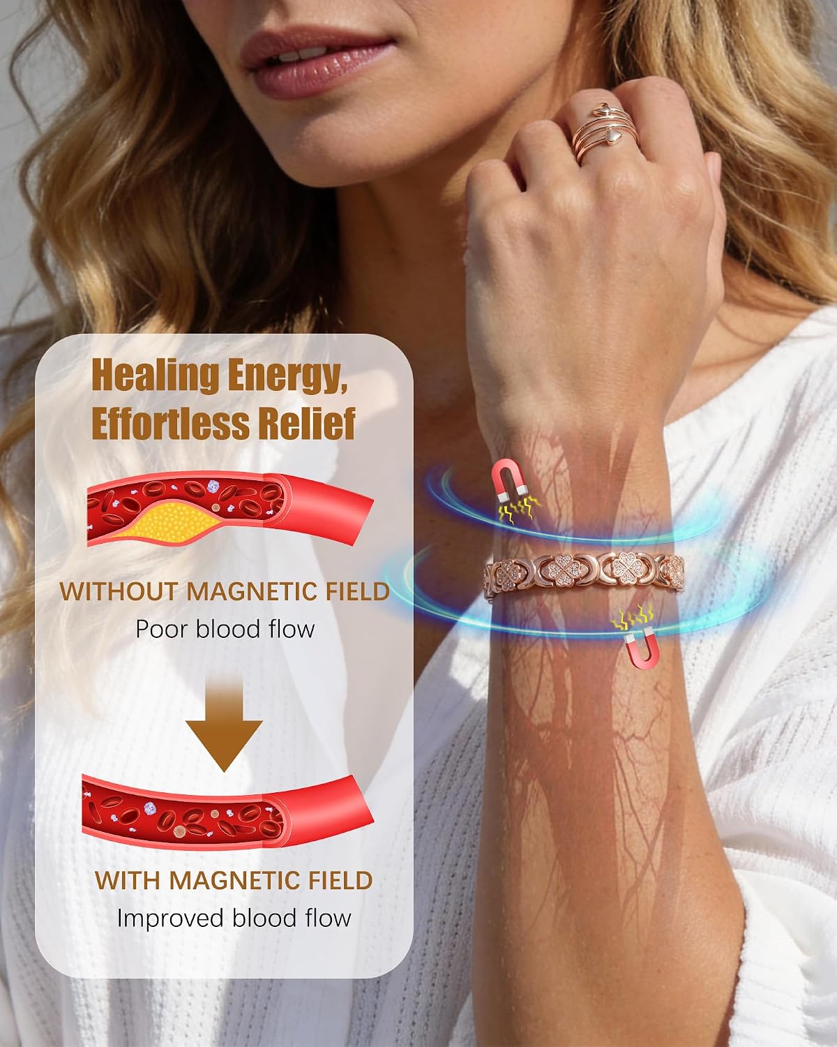 Copper Bracelet & Ring for Women, Ultra Strength Magnetic Bracelet with 3800 Gauss Magnets, Four-Leaf Clover & Infinity Heart Symbol & Crystal, Adjustable Tools and Jewelry Gift Box
