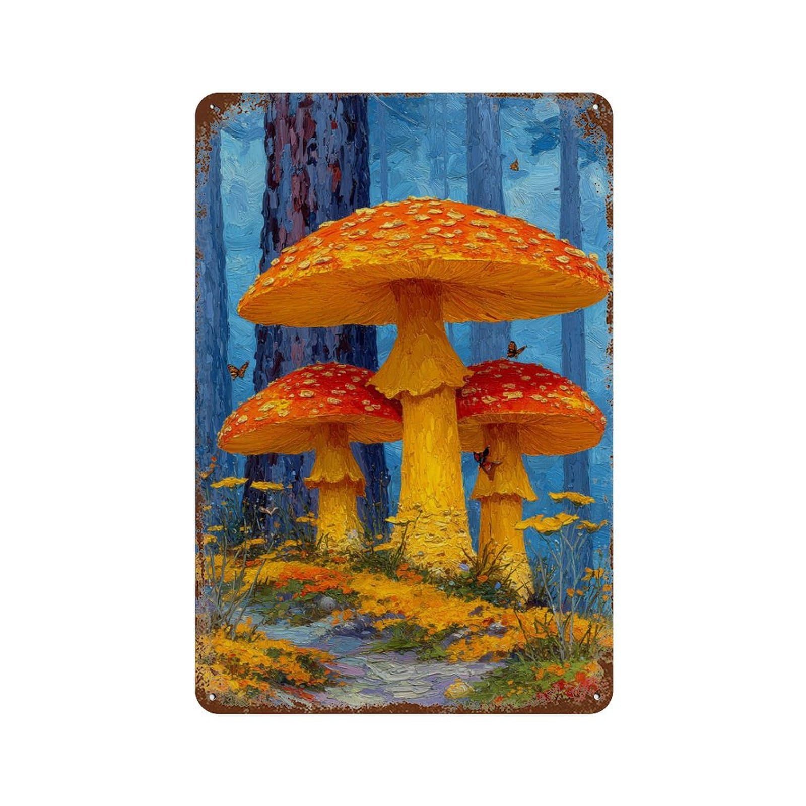 Rust Effect Magic Forest Mushrooms Rusty Metal Tin Sign 11.8"x7.9", Old School Wall Decor for Garage, Bar And Workshop Decor