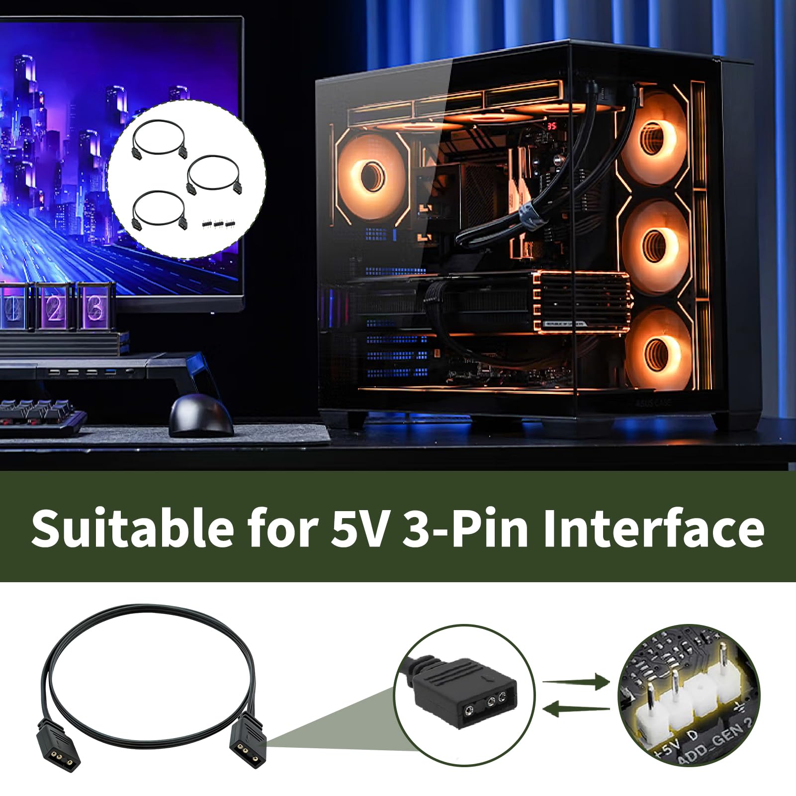 Cable de extensión ARGB, cable ARGB 5 V 3 pines ARGB 50 cm, cable de sincronización LED ARGB extensión ventiladores ARGB o serie LED, conector de 3 pines macho hembra, compatibilidad con placa base