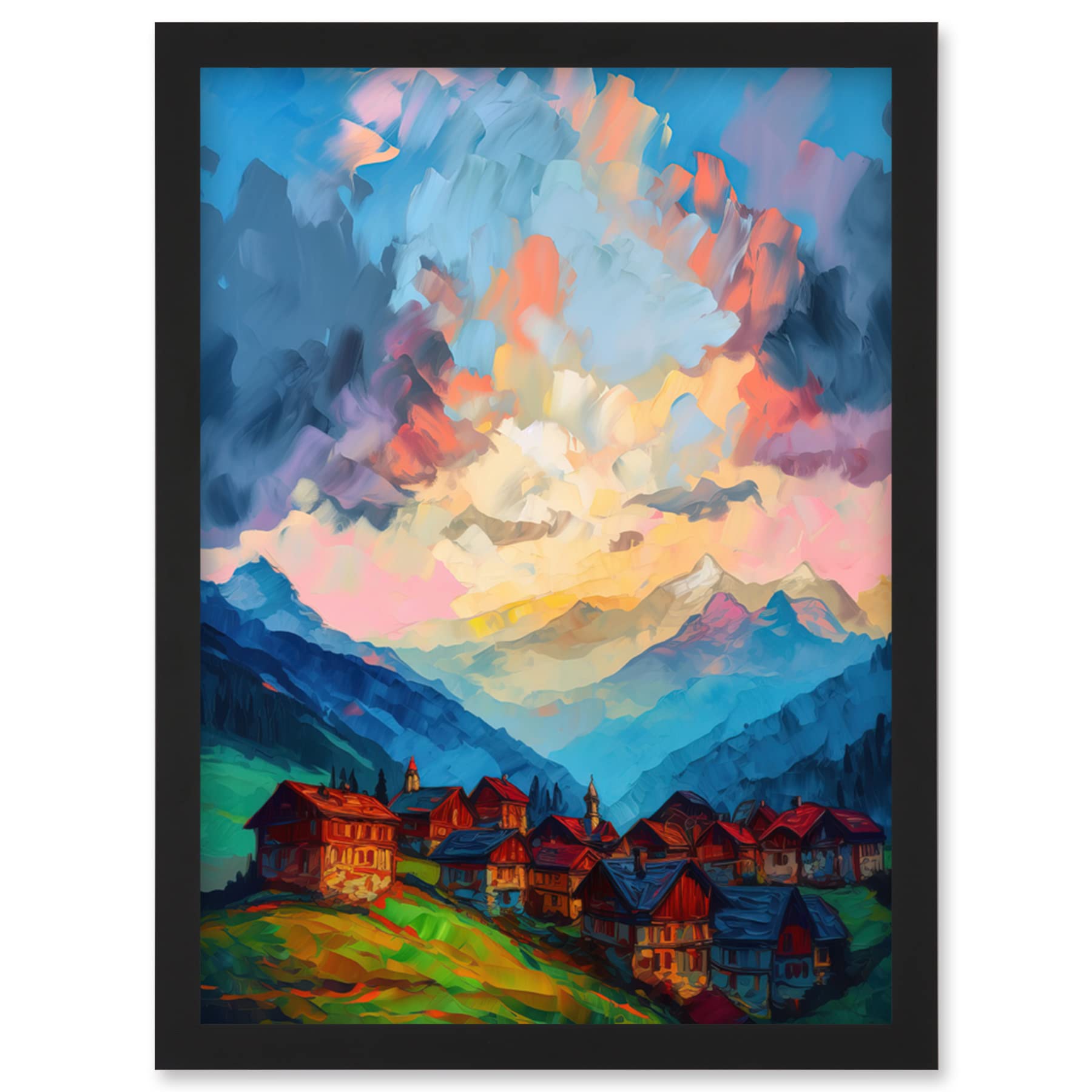 Artery8 Atmospheric Clouds At Dawn Over Small Village Houses In The Alps Modern Watercolour Painting Wall Art PrintA4 Size from B&Q