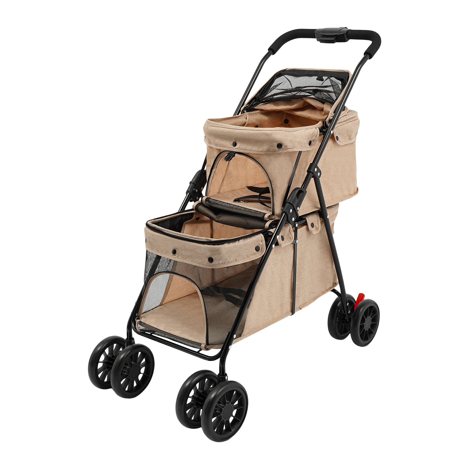 Passeggino doppio per cani pieghevole a 2 piani per cani e gatti fino a 20 kg, passeggino portatile per animali domestici con finestre a rete (kaki)