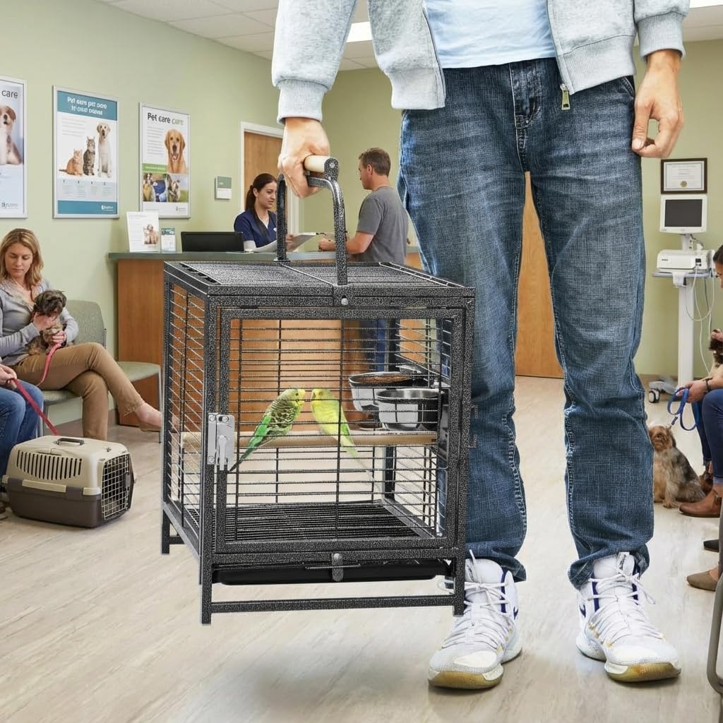 Garvee Bird Travel Carrier Cage, 25" h Small Bird Cage with with Wooden Perch Handle, Bird Carrier for Parrots Conures Lovebird Cockatiel Parakeets Black