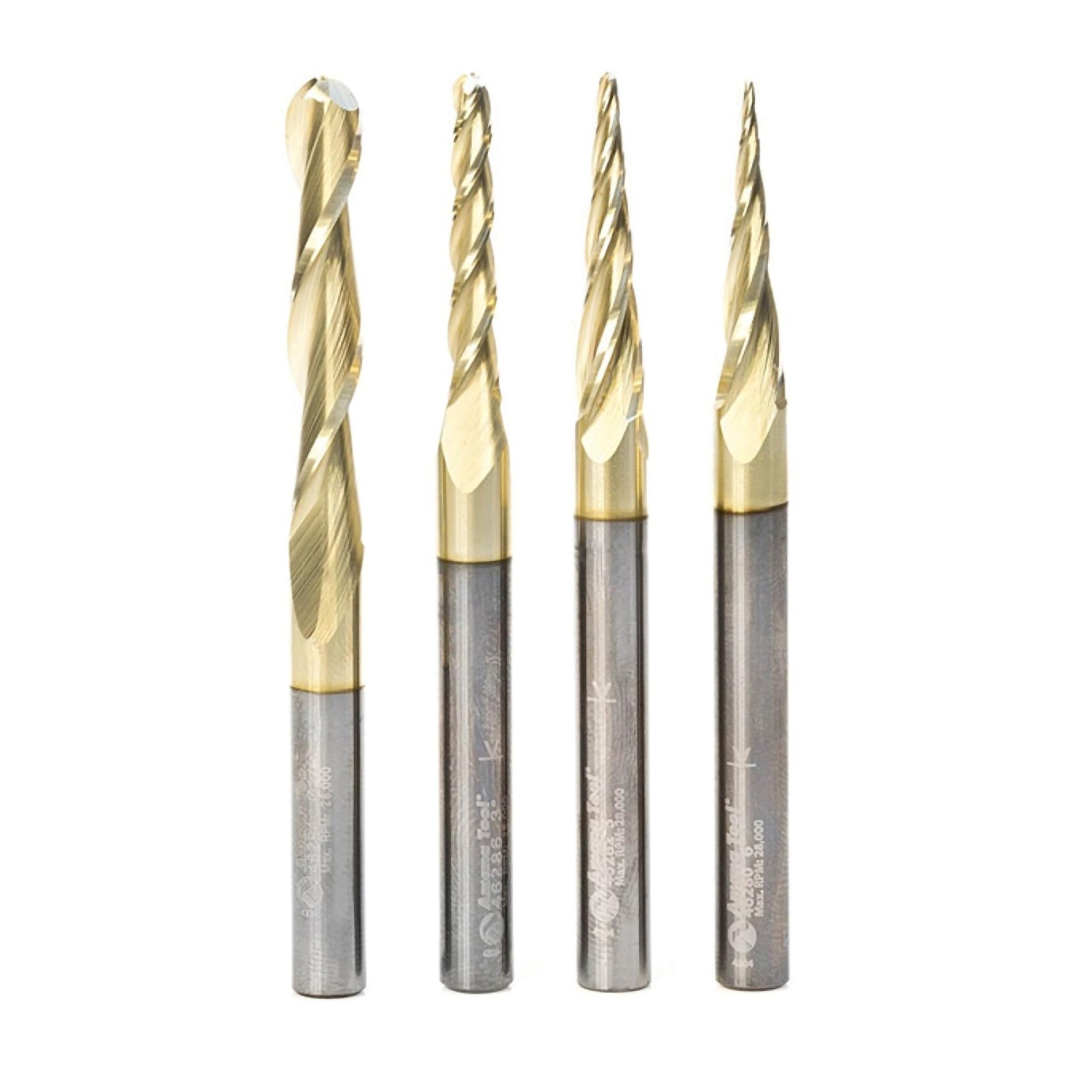 Amana Tool Up Cut Spiral CNC Router Bits Set for 2D/3D Carving Ball Nose, ZrN Coated, AMS-148, 4-Pc, 1/4 Inch Shank, 1/32, 1/16, 1/8 and 1/4 Diameters