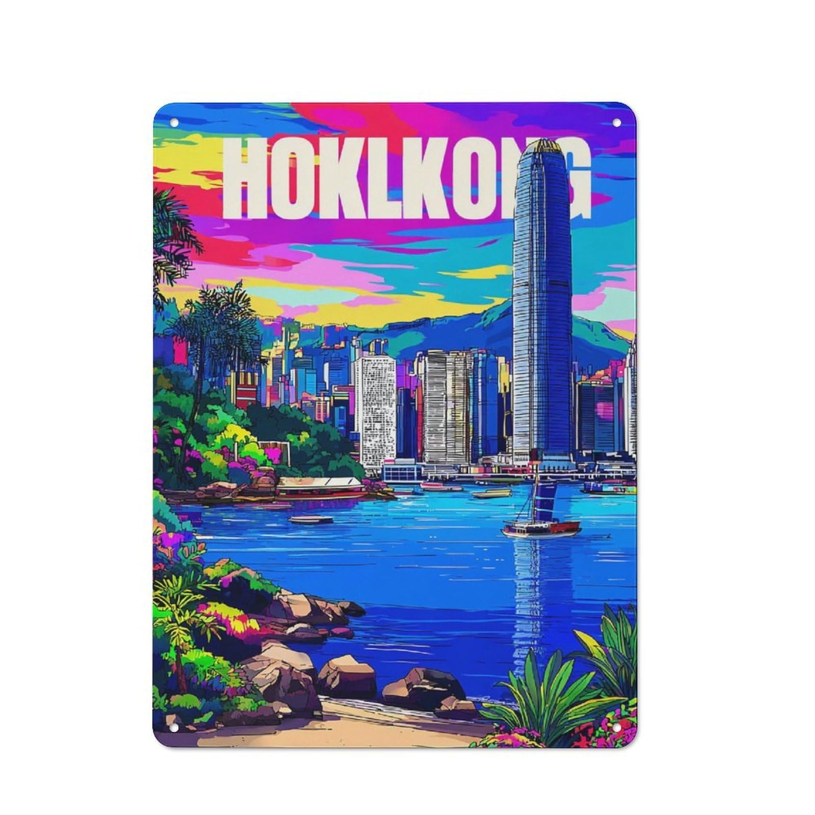 Junmoney Colorful Hong Kong Skyline -1 Smart Office Metal Sign 40X30cm, Study Room Decor For Home Office, Reading Corner Or Bedroom