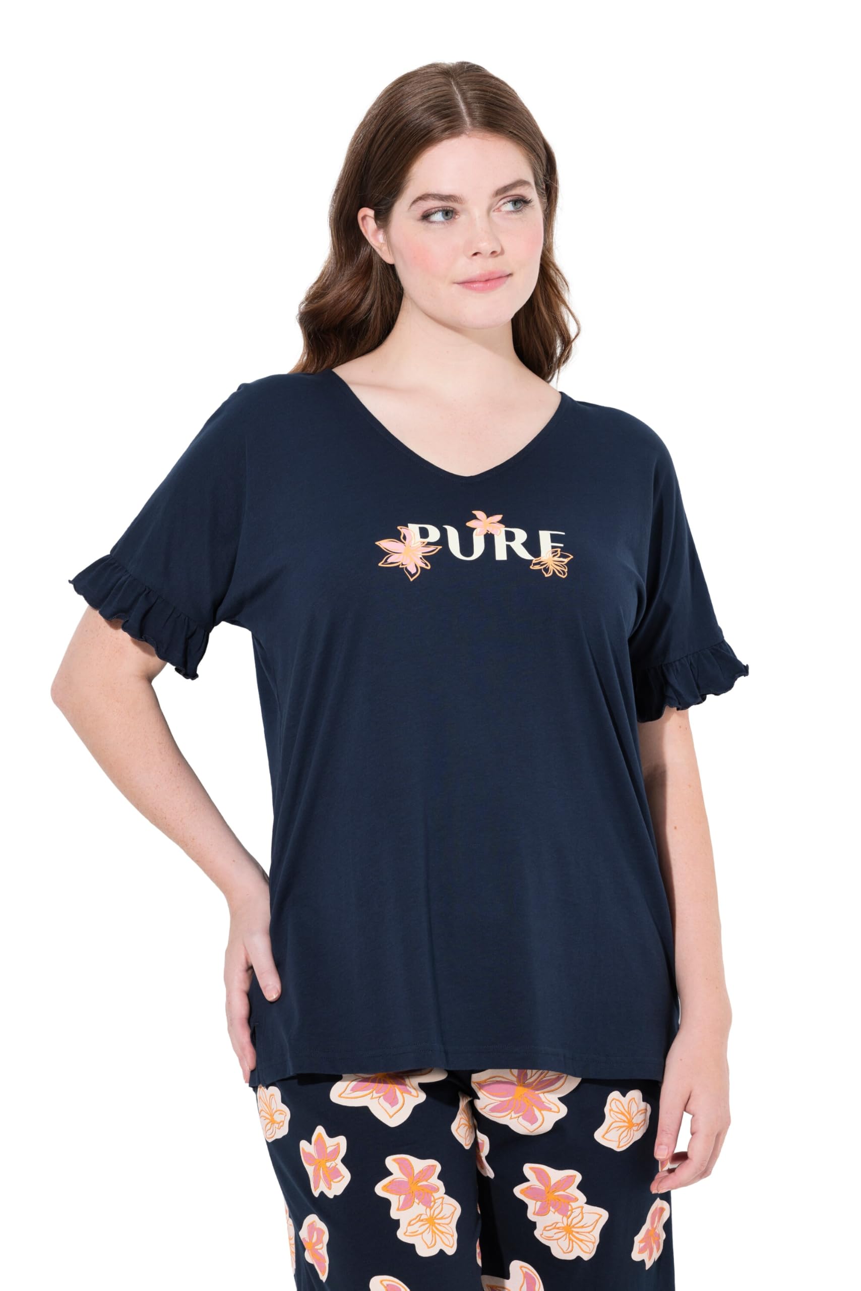 Ulla Popken Damen große Größen Übergrößen Plus Size Pyjamashirt, V-Ausschnitt, Flügelarm, Biobaumwolle 837214